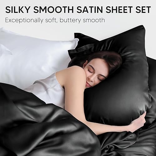 Miniatura 2 de Tokokimo Sábanas de satén tamaño King de 4 piezas  16 pulgadas de profundidad de bolsillo profundo, sábanas de cama suaves y sedosas, sin arrugas,