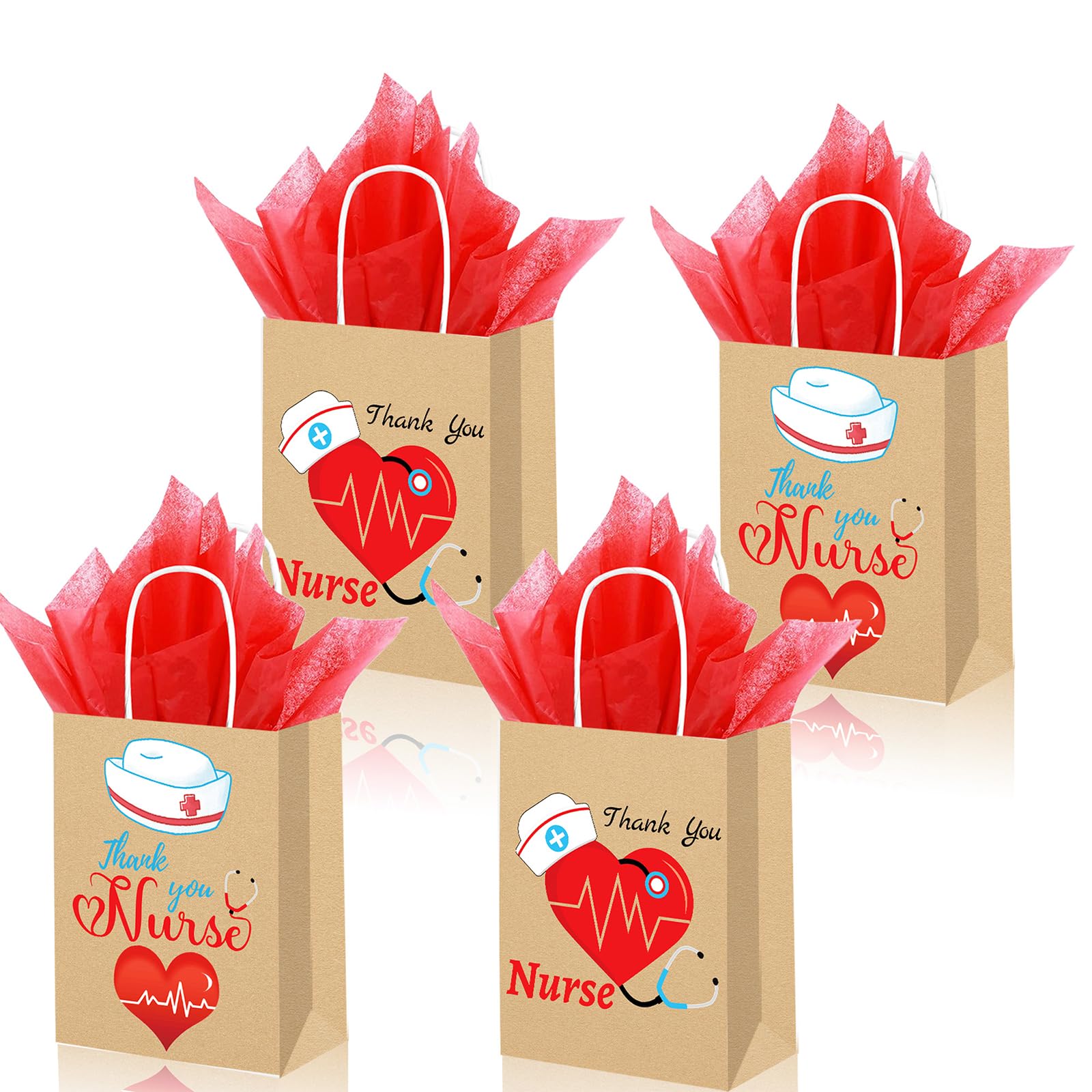 Qpout 12 Pack Nurses Week Gift Bags Bulk 2025, Small Nurse Gift Bag With Red Tissue Paper, Thank You Nurse Goodie Bag, Nurse Day Nursing Graduation RN Party Favors Candy Treat Snacks Bag