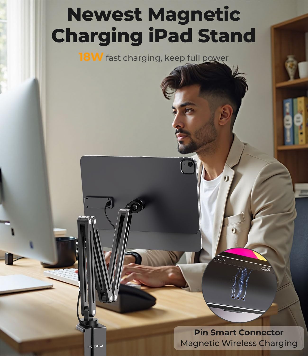 iPad magnetically attached to KU XIU charging stand