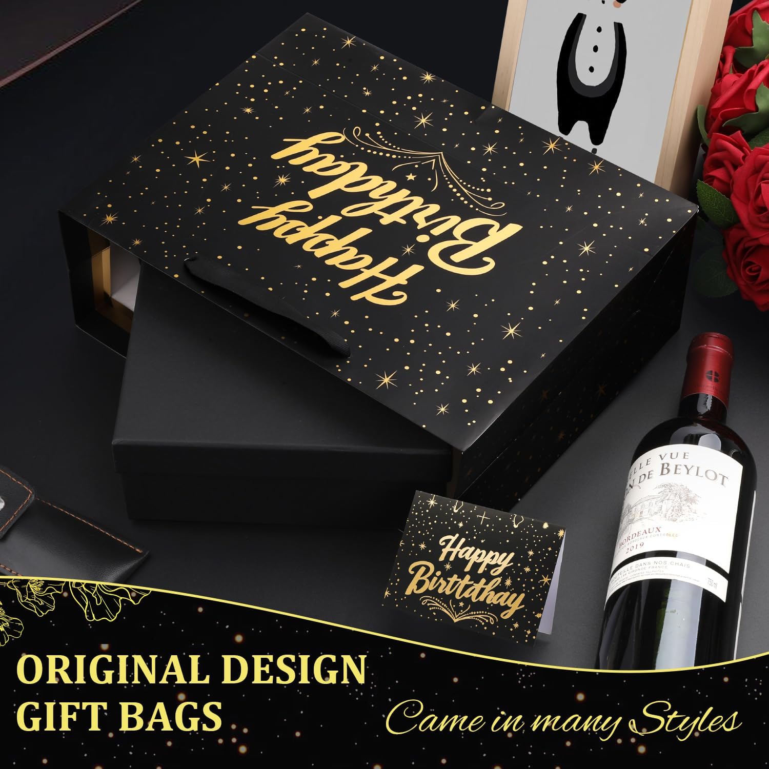 BeiLaad Large Happy Birthday Gift Bag with Tissue Paper and Greeting Card, Black Gift Bag for Men Women Birthday, Party, Medium size(2 PCS Black) - Image 6