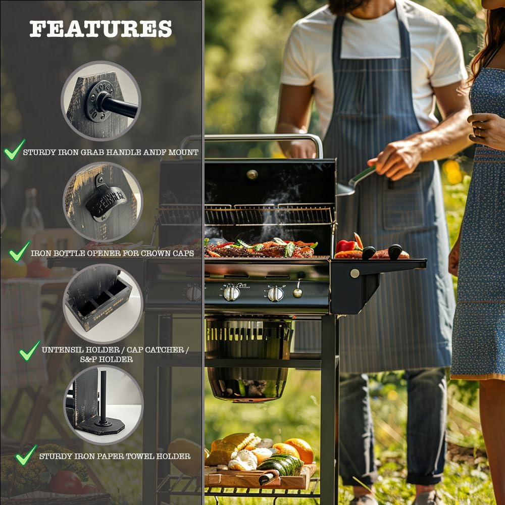 Wooden Grill Caddy Organizer - Versatile BBQ Caddy for Outdoor grill - Portable rustic wood condiment and paper towel holder with bottle opener for picnic and grilling (Black)