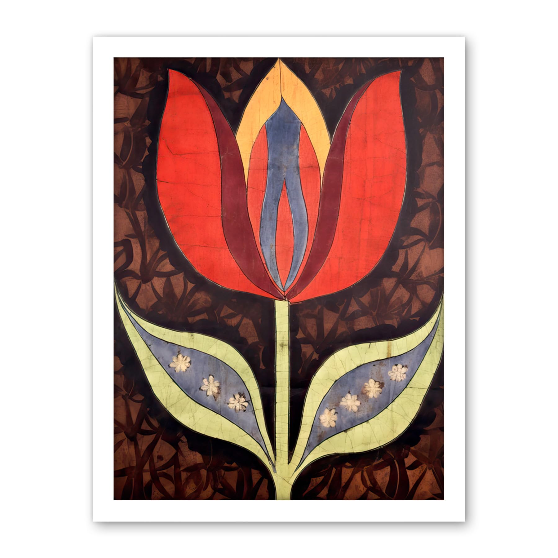 Artery8 A Single Tulip Flower Batik Style Pattern Folk Art Artwork Framed Wall Art Print 18X24 Inch