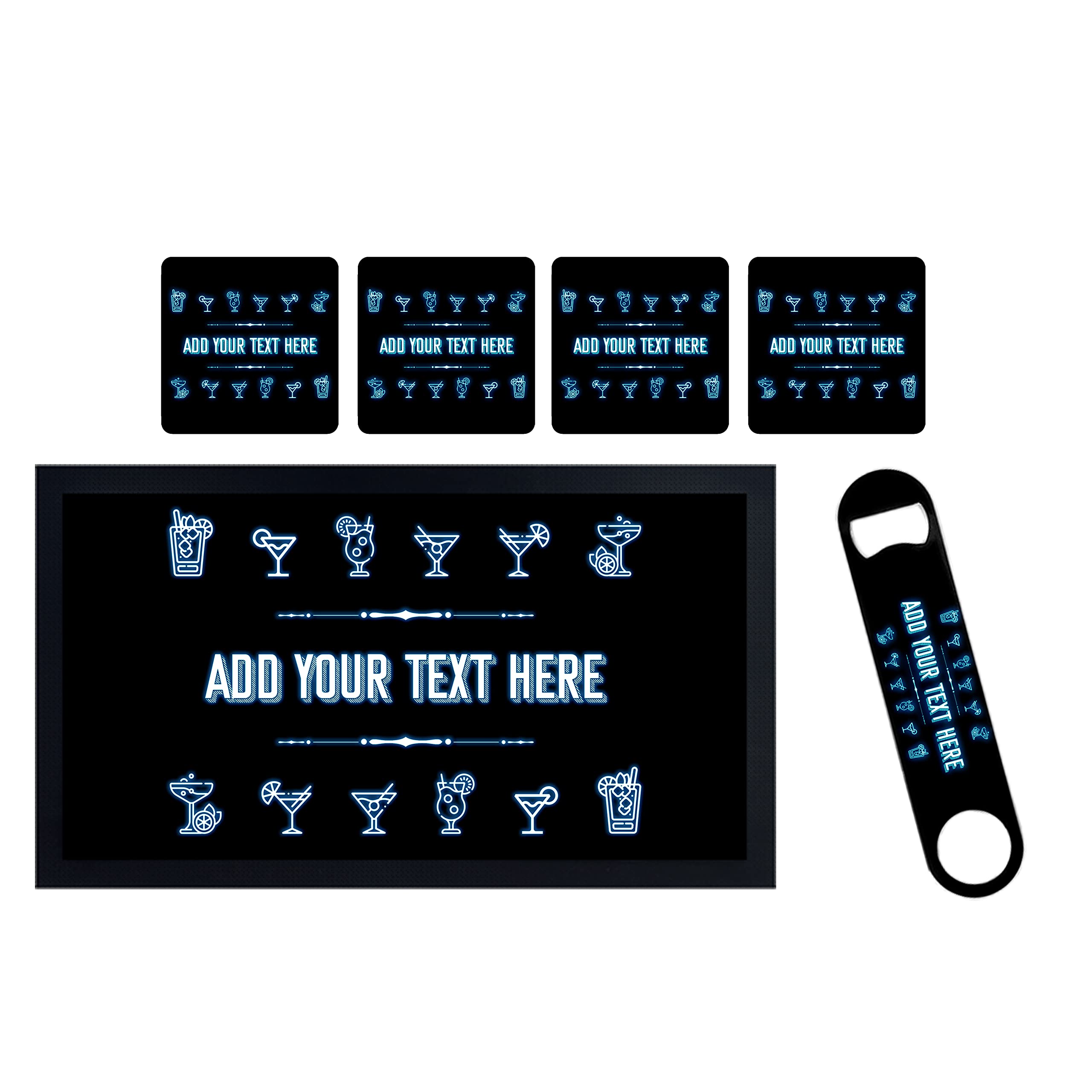 ShopQuality4U Personalise Cocktail Bar Runner Mat, optional: Matching Bottle Opener, Drinks Coasters, Gift Set | Beer Gifts Home Bar Accessories for Pub Bars Man Cave Him Her Gin Oclock