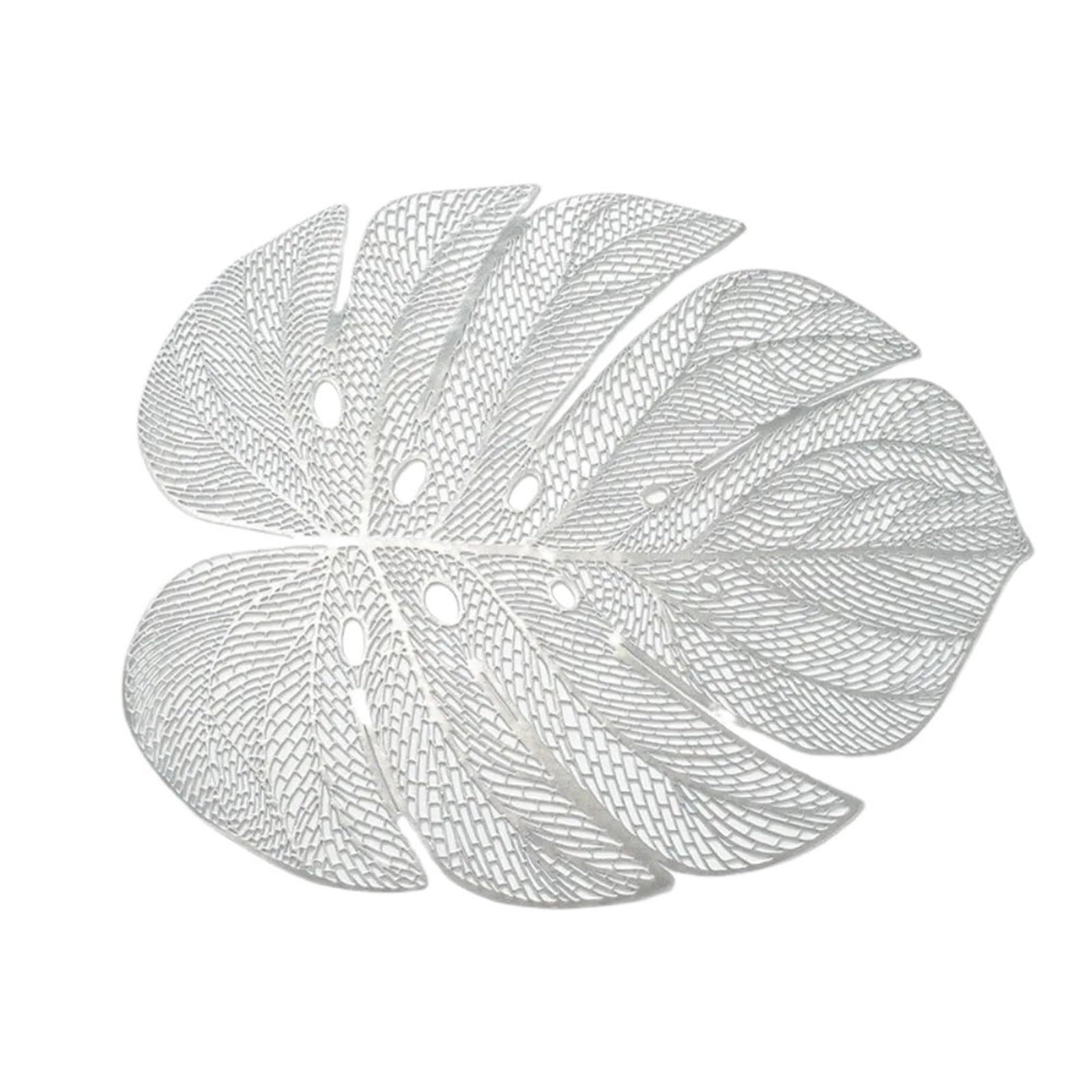 PVC Dining Table Mat Hollow Leaf Shape Placemat Heat Resistant Anti Slip Monstera Waterproof PVC Material(Silver)