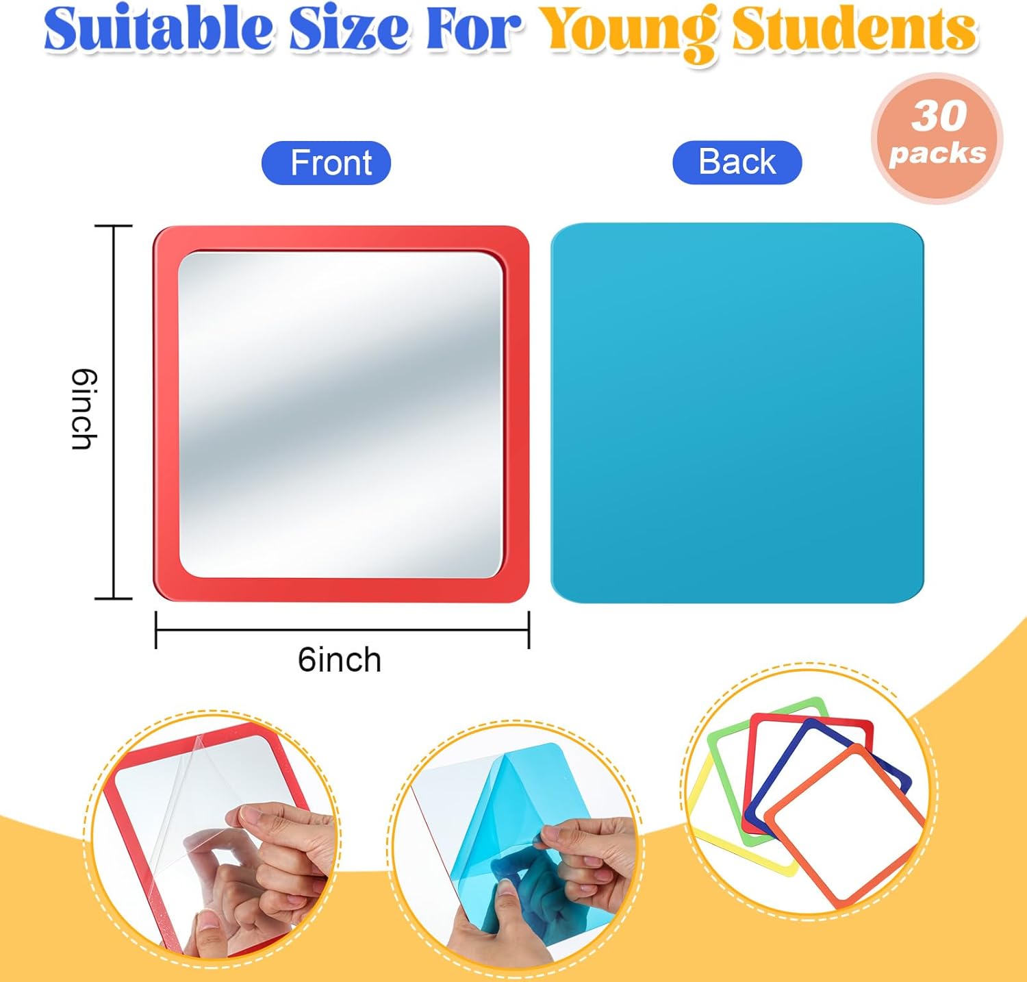Dandat 30 Pcs Small Mirrors for Kids 6 x 6 Inch Unbreakable Shatter Proof Mirror Acrylic Square Unbroken Reflector for School Classroom Craft DIY Bathroom (Fulgent Colors)