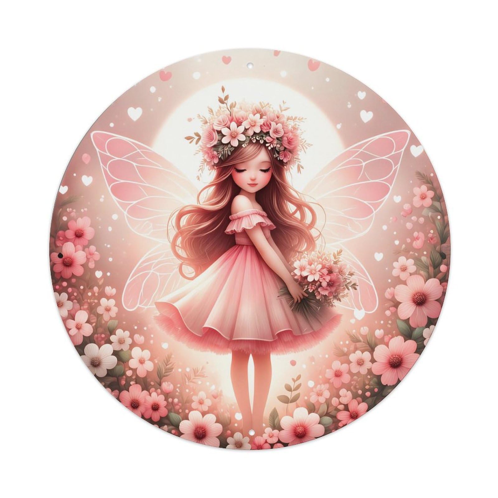 Pink Fairy Flower Wing Pattern Vintage Metal Tin Sign Retro Wall Decor for Home Bar Garage Cafe, Indoor & Outdoor Decorative，circle Metal Poster, 8x8 Inch