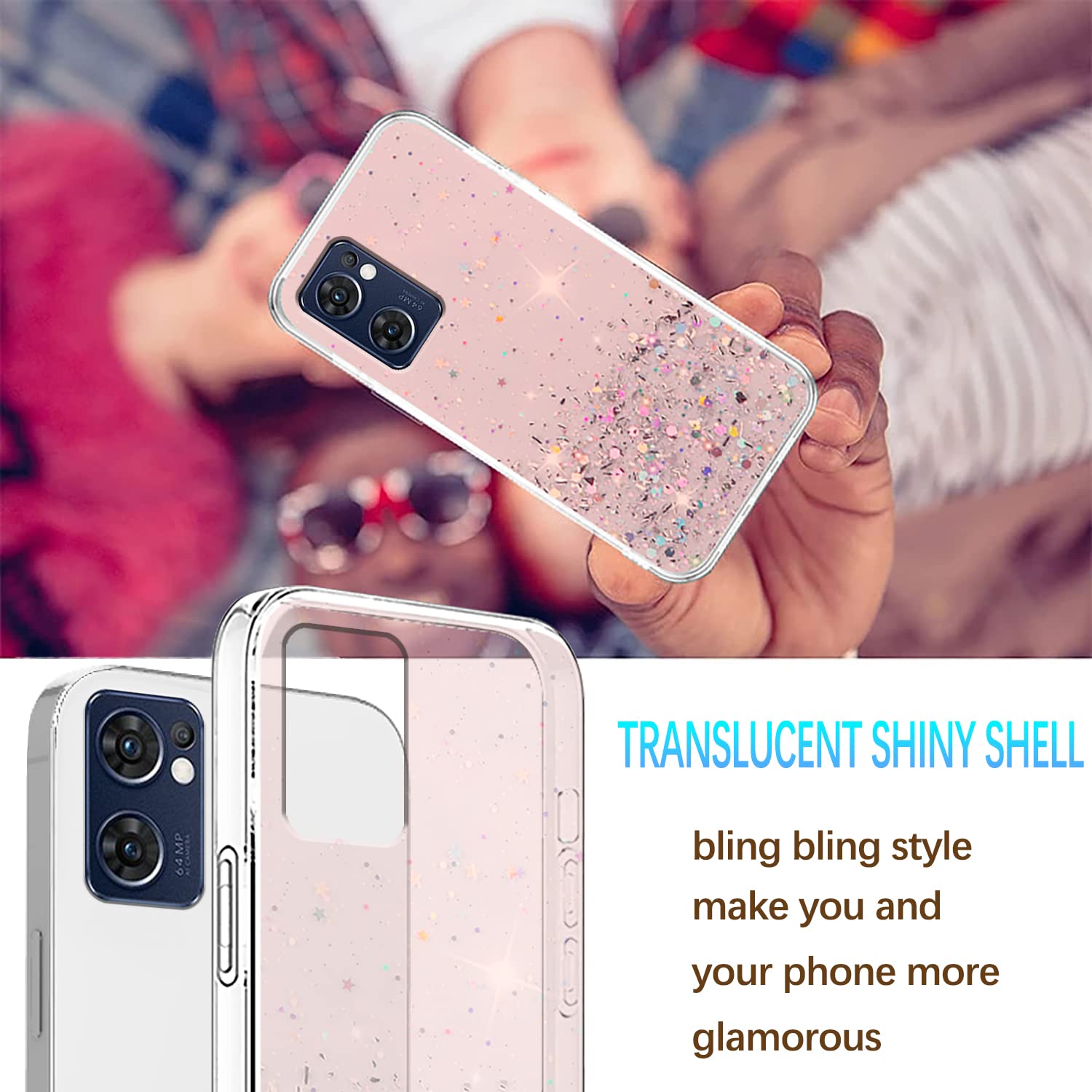 Custodia Glitter Per OPPO Find X5 Lite – Silicone TPU Trasparente Con Glitter, Sottile E Antiurto, Colore Rosa
