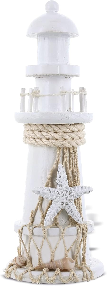 COTA Global Small White Wooden Lighthouse Decor Home Decor - 8.75 Inches | rustic home decor, living room beach theme, ocean themed gifts, decorative accents for home decor, nautical themed gifts