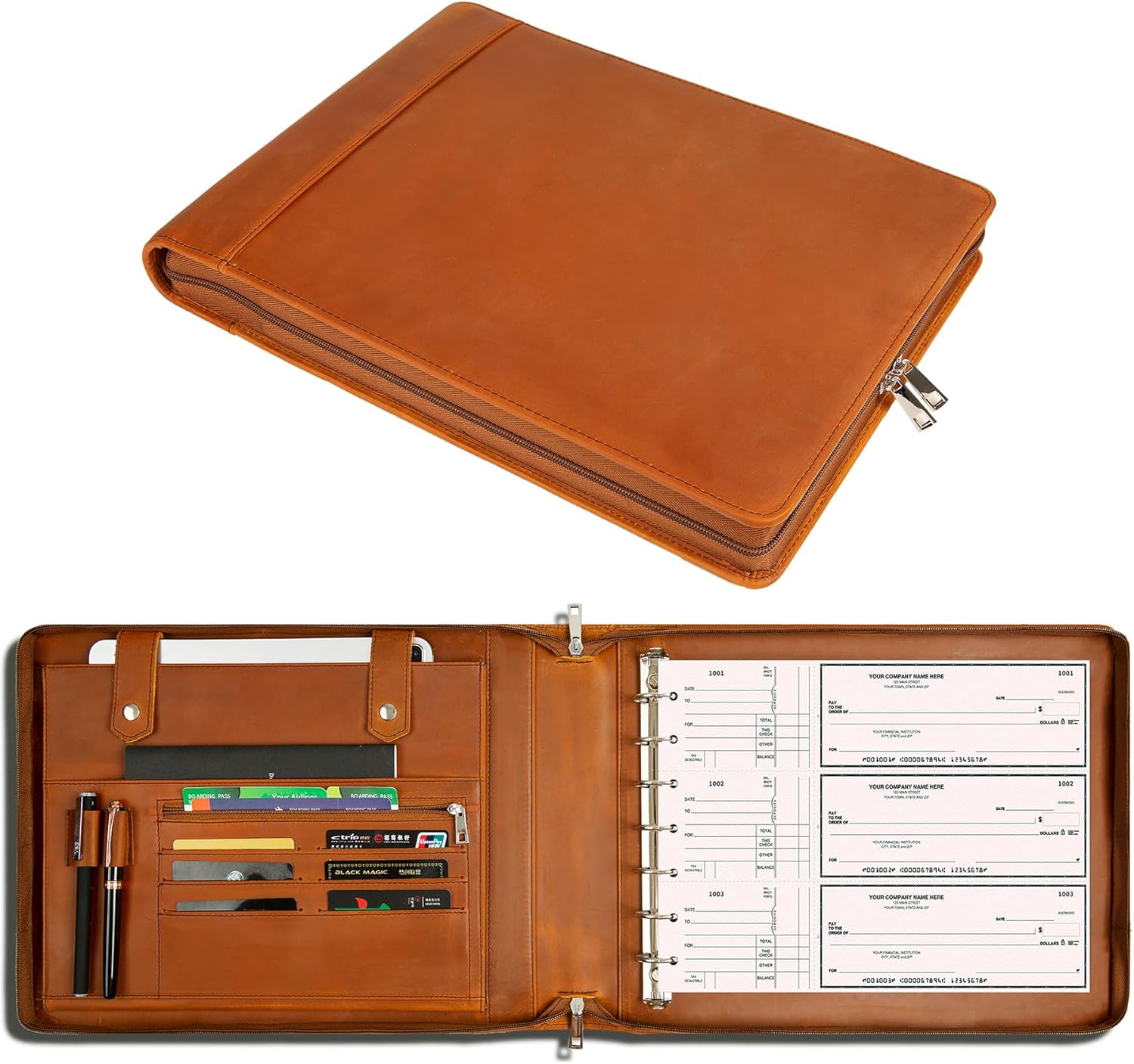 Genuine Leather Business Check Binder, 7 Ring Checkbook Binder, Personalized Engraved, 600 Checks Capacity for 9 13 Inch Sheet (Brown)