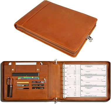 Genuine Leather Business Check Binder, 7 Ring Checkbook Binder, Personalized Engraved, 600 Checks Capacity for 9 13 Inch Sheet Brown