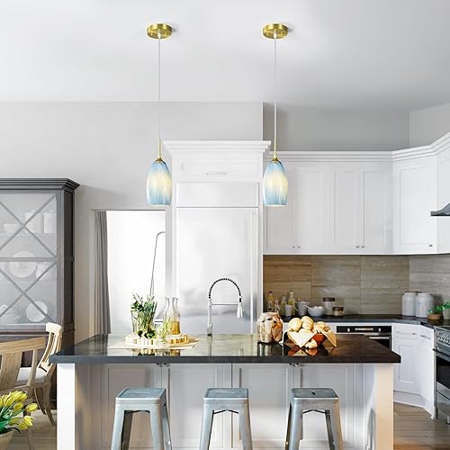 Miniatura 2 de LBSQJ Lámparas colgantes de cristal azul para isla de cocina, modernas lámparas colgantes con acabado dorado, accesorios de iluminación ajustables