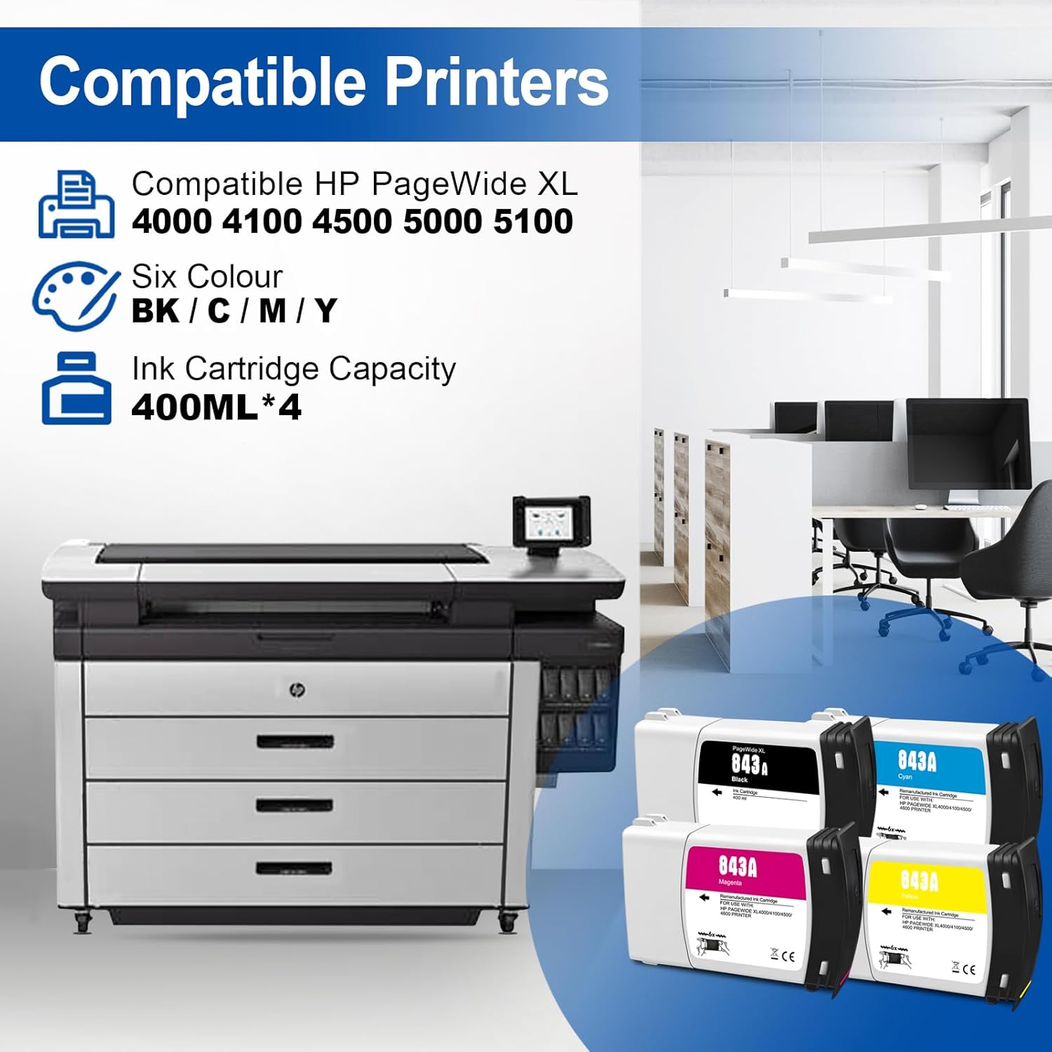 Compatible for HP 843A C1Q57A C1Q58A C1Q59A C1Q60A Ink Cartridge 400ML B6Y15A for HP PageWide XL 4000 4100 4500 4600 5000 5100 Wide Format Printer Ink Black Yellow Magenta Cyan