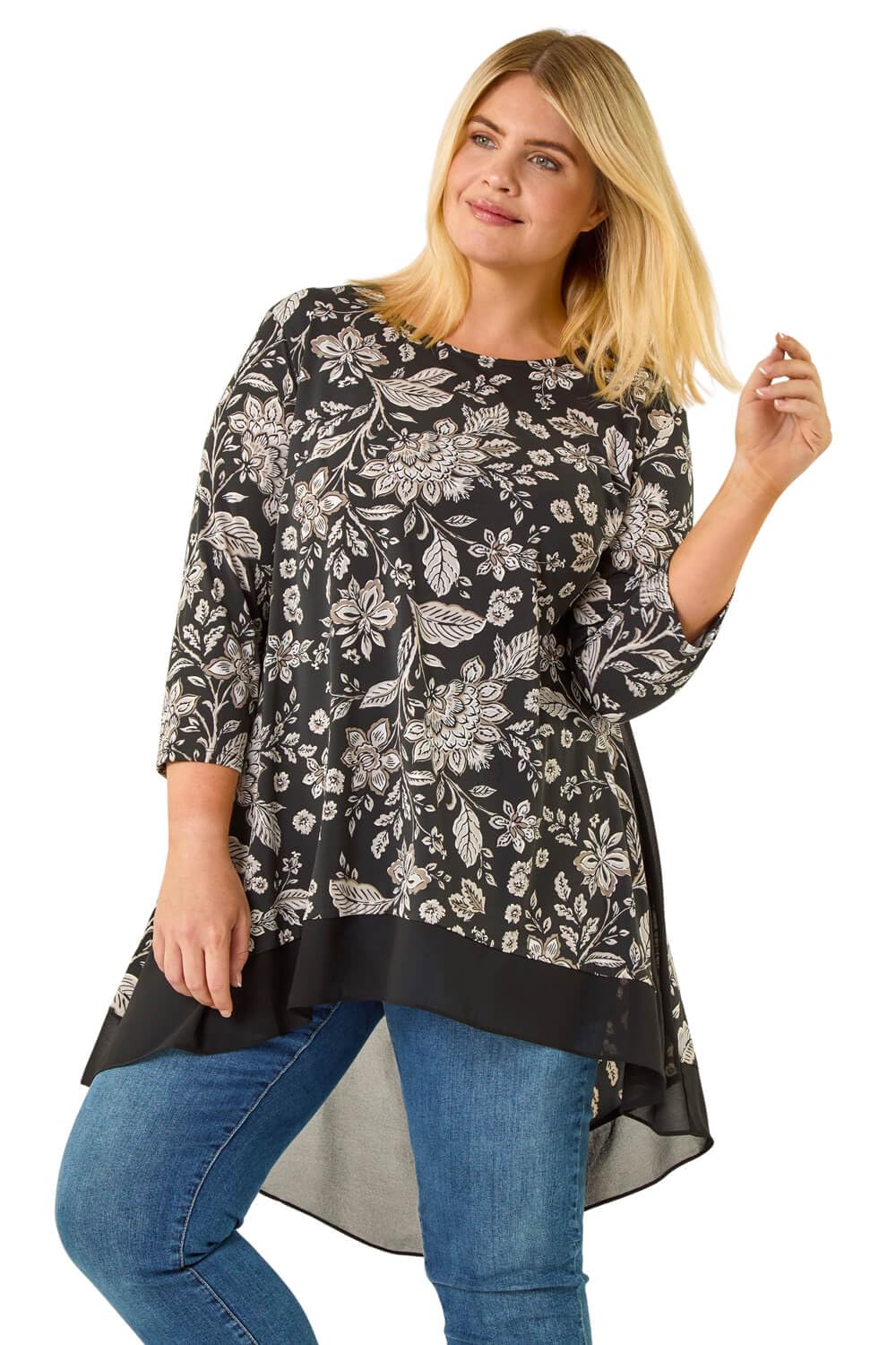 Roman Originals Women's Noir Plus Roman Chiffon Dipped Hem Top Asymmetric Tunic For Uk Stretchy Jersey Flared Blouse Smart Fit & Flare Form Casual Loose Longline Party Hanky Tunics - Size 20