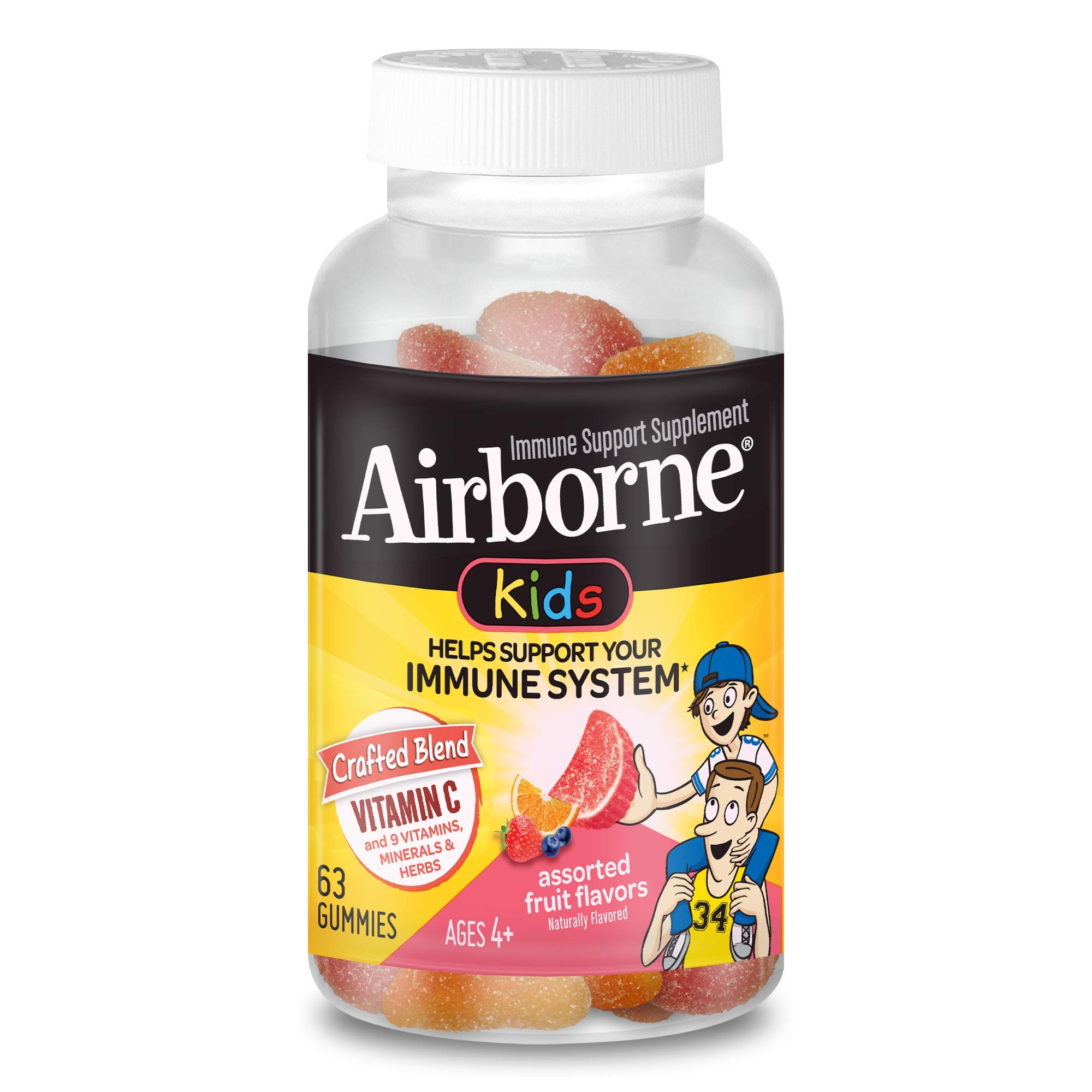 Airborne Vitamin C 500mg (per serving) - Assorted Fruit Flavored Kids Gummies (63 count in a bottle), Gluten-Free Immune Support Supplement With Vitamins C E, Selenium