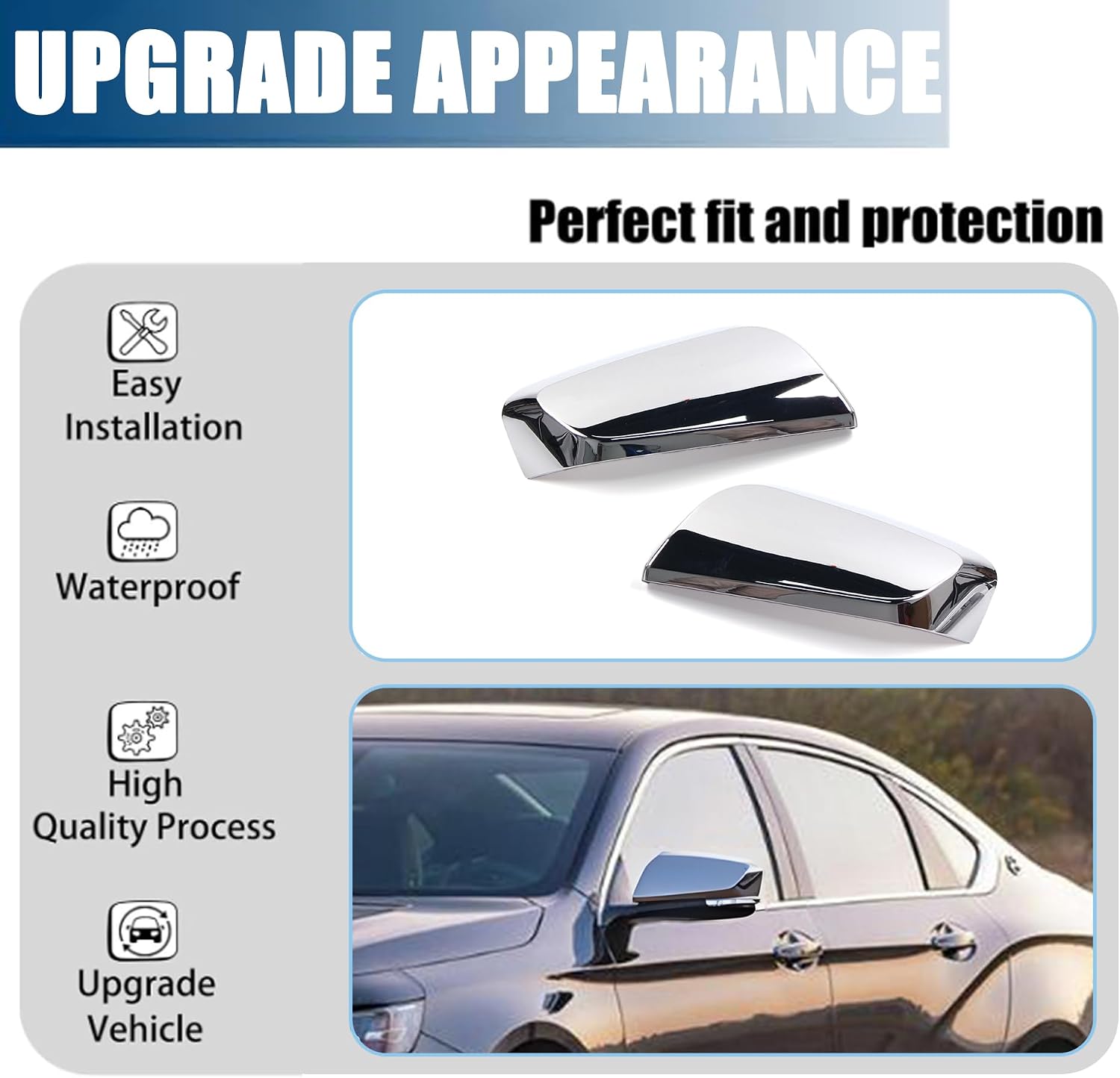 AUCERAMIC Chrome Side Mirror Cover Caps Fit for 2014-2020 Chevy Impala Exterior Overlay Shells Trims 2PCS (Stick-On Overlay)