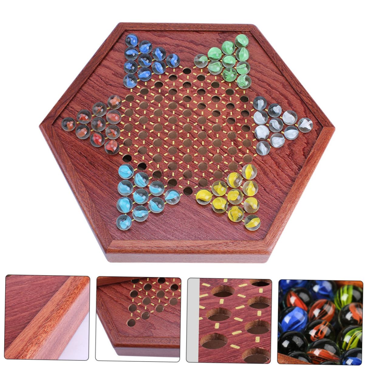 BESTonZON Set da Gioco Marrone e Cassetto Porta Biglie Dama Cinese in Legno Vassoio Esagonale e Pianificazione per Intrattenimento Familiare