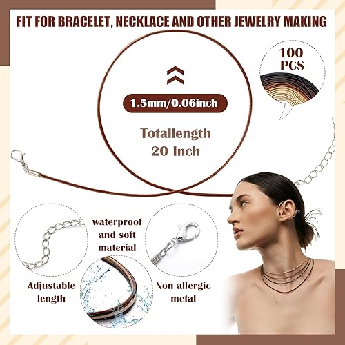 Miniatura 62 de Tudomro 100 piezas de collar de cuero encerado a granel con cierre, collar, pulsera, cadenas, cuerda para hacer joyas, colgantes