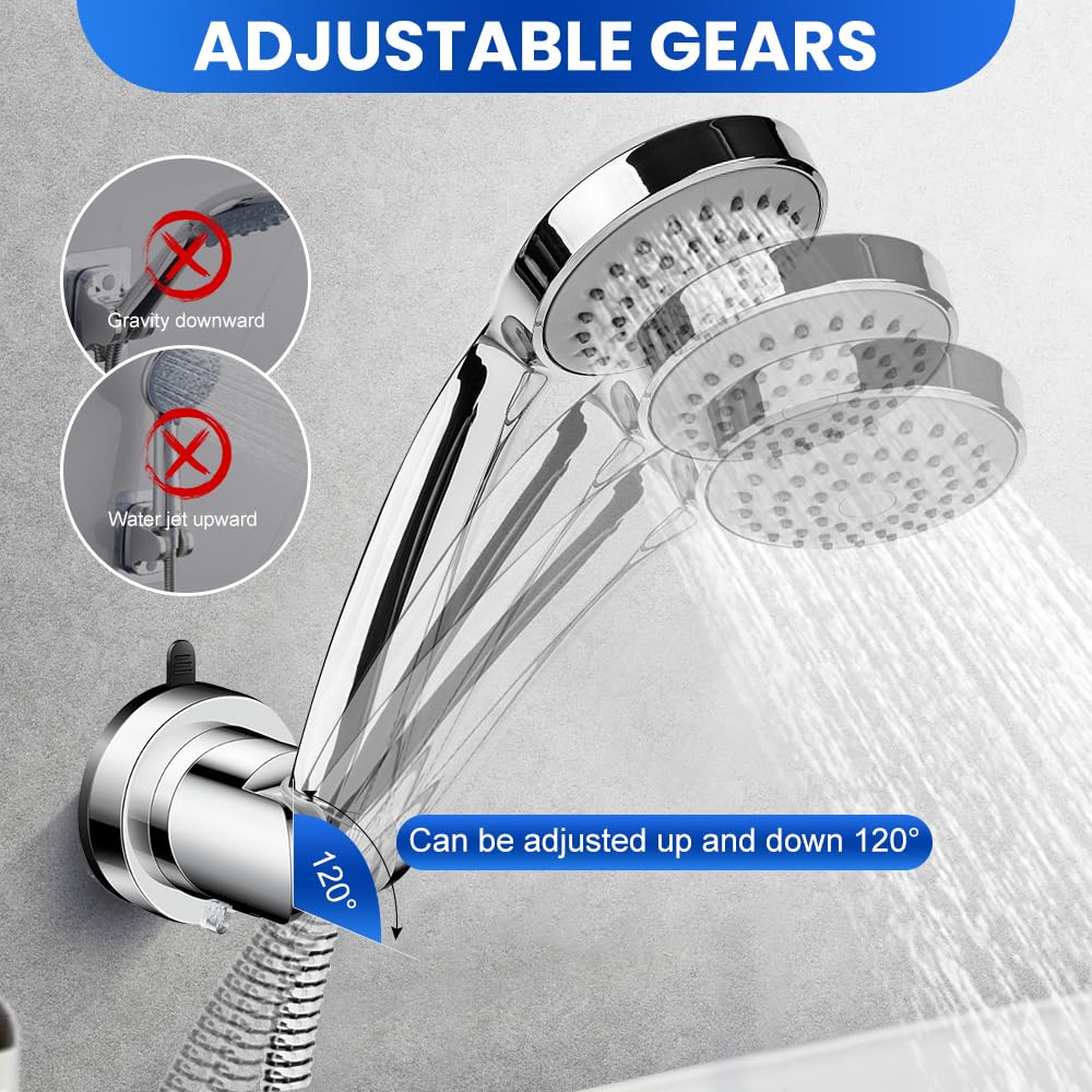 HMCEY Support de Pommeau de Douche Ventouse,Fixation Pommeau de Douche Sans Percage,Porte Douchette Mural Universel,Support Douchette Salle de Bain,Shower Head Holder pour Fixer et Régler - Argent - 4