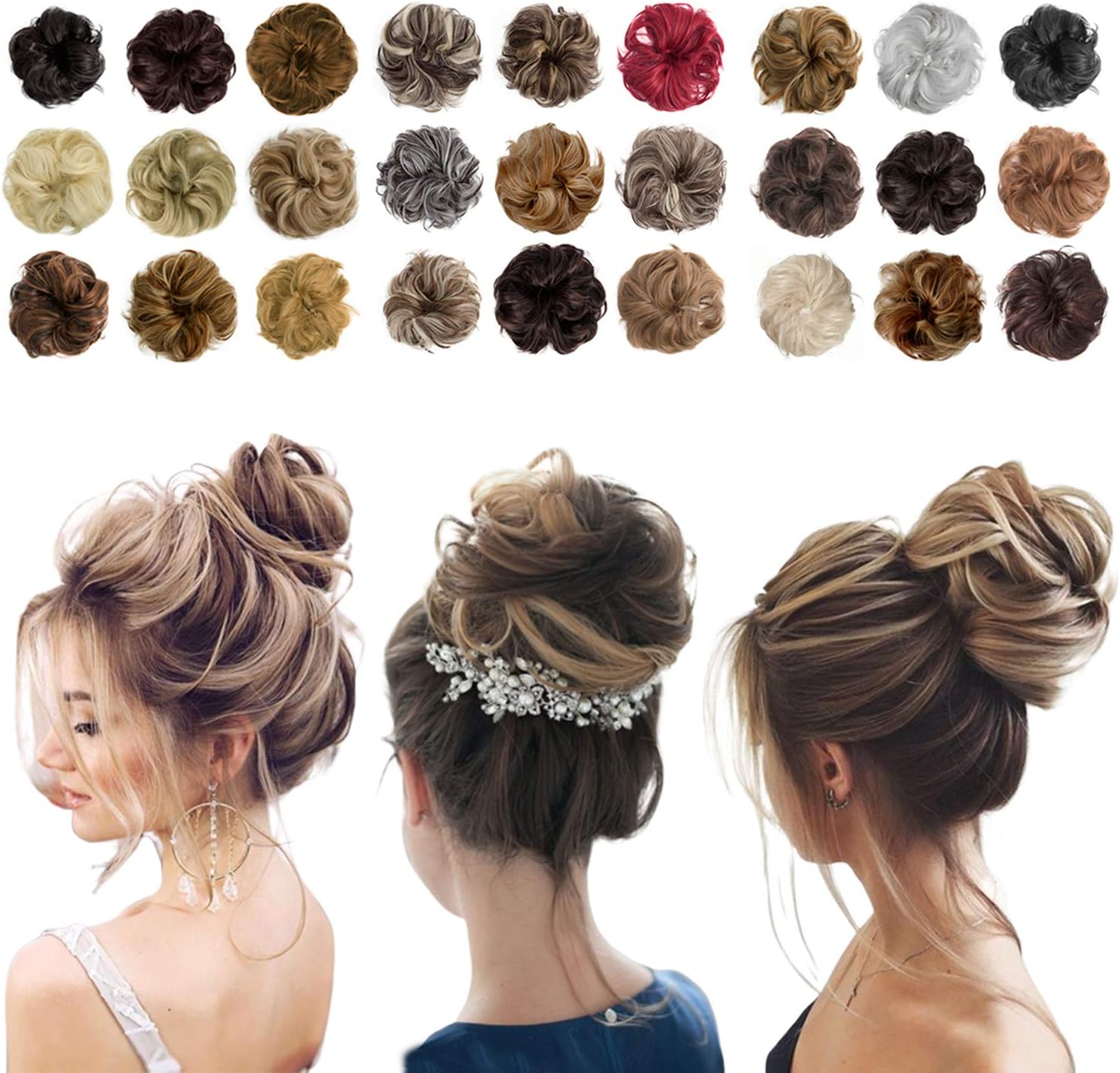 Large Messy Bun Hair Piece Wavy Curly Bun Scrunchies Thick Updo Scrunchies Hair Extensions Hairpieces for Women Girls Light Brown Mix Ash Blonde