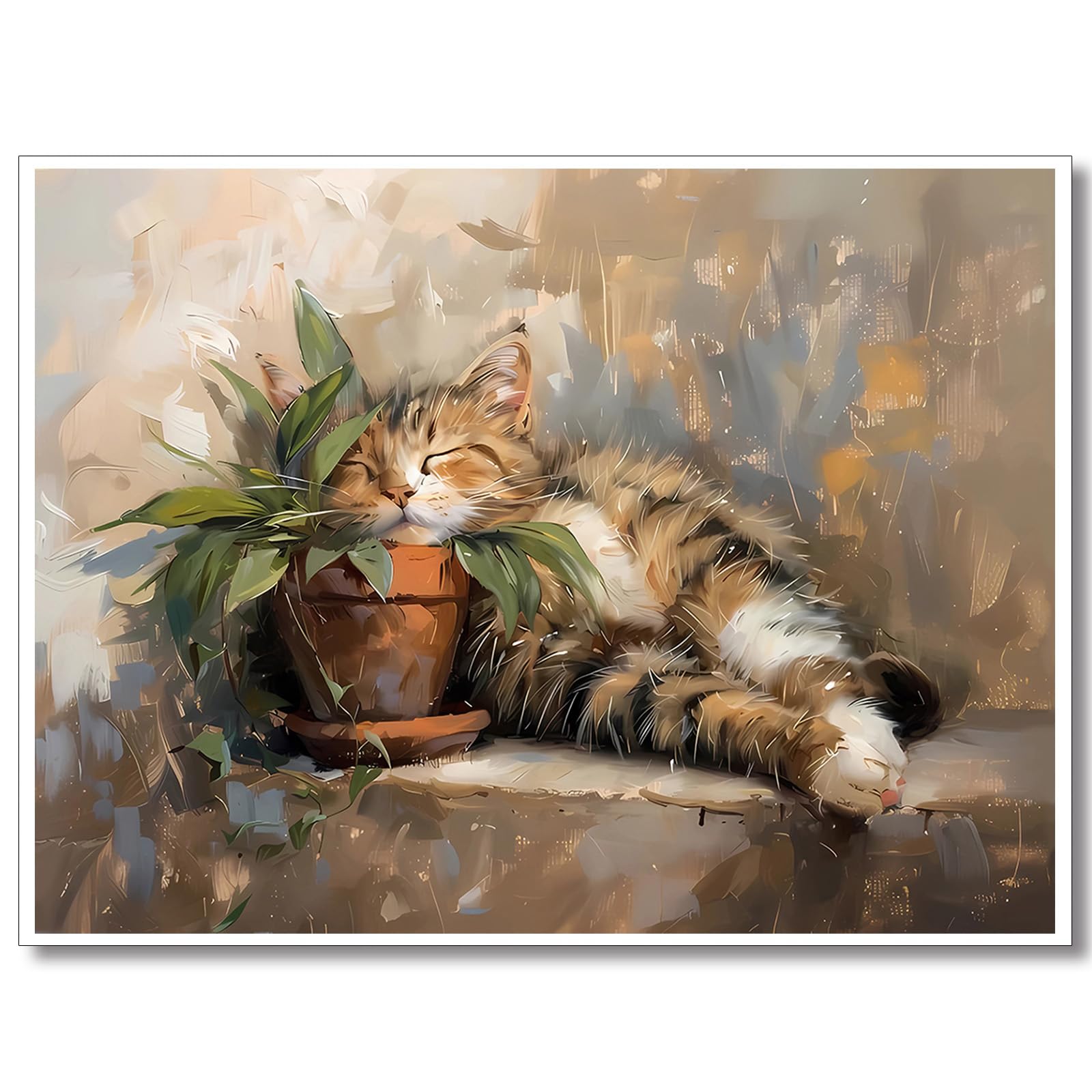 cat canvas wall art, cute animal poster, green botanical picture, abstract cat oil painting for bedroom living room 12x16in framed