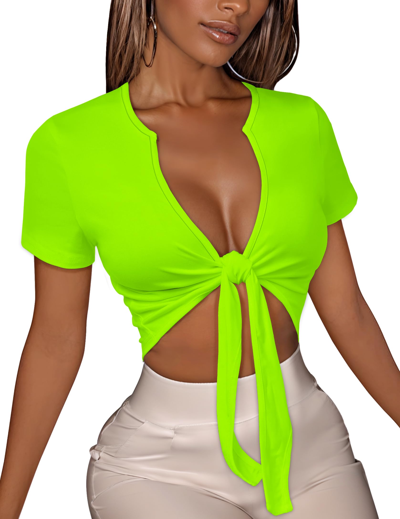 Women's Tie Front Crop Top V Neck Short Sleeve T Shirt Summer Casual Basic Slim Fit Tees