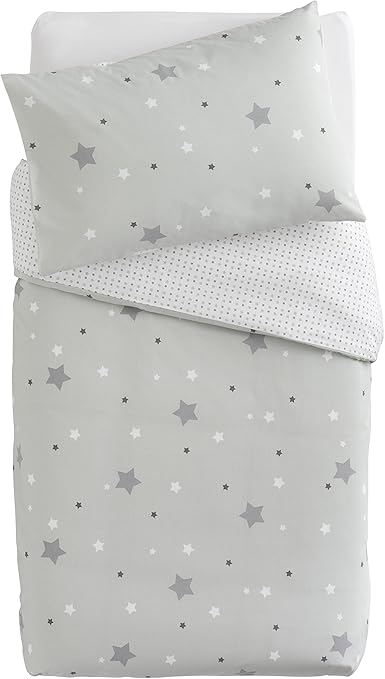 Parure De Lit Junior Étoiles – MY HOME – Gris Et Blanc – Polycoton Luxe – 2 Pièces