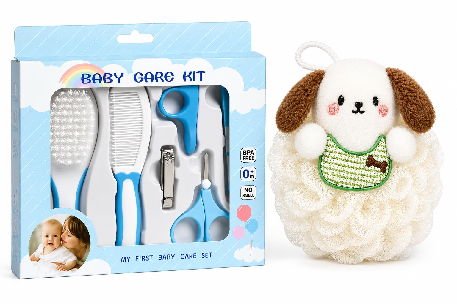 baby grooming essentials kit, blue, 6 piece set | bath sponge, comb, brush, nail care tools