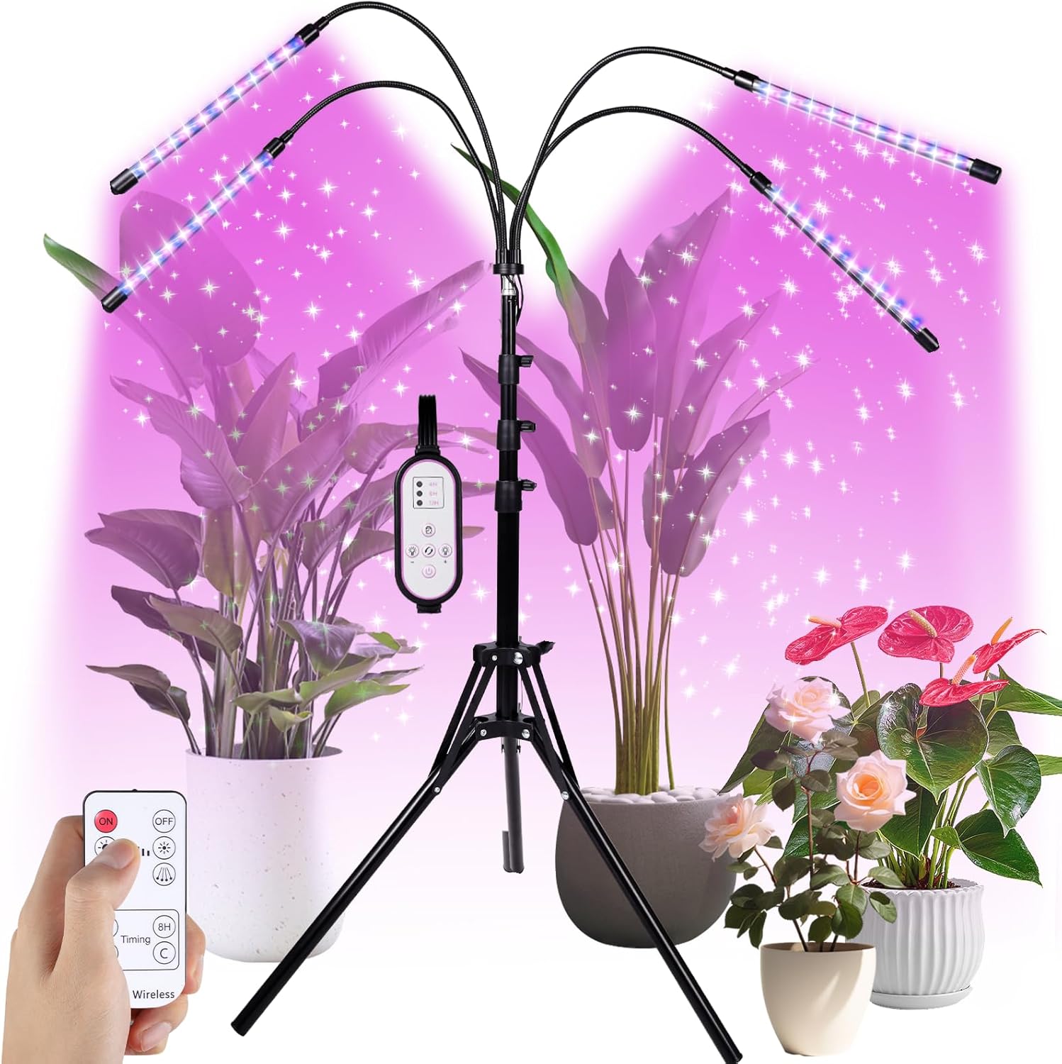 4-Head Floor Grow Lights for Indoor Plants - 15"-63" Tripod, Red/Blue Spectrum & Remote Control - Auto 4/8/12H Timer, 10 Dimmable Levels for Tall Potted Trees (4-Head)