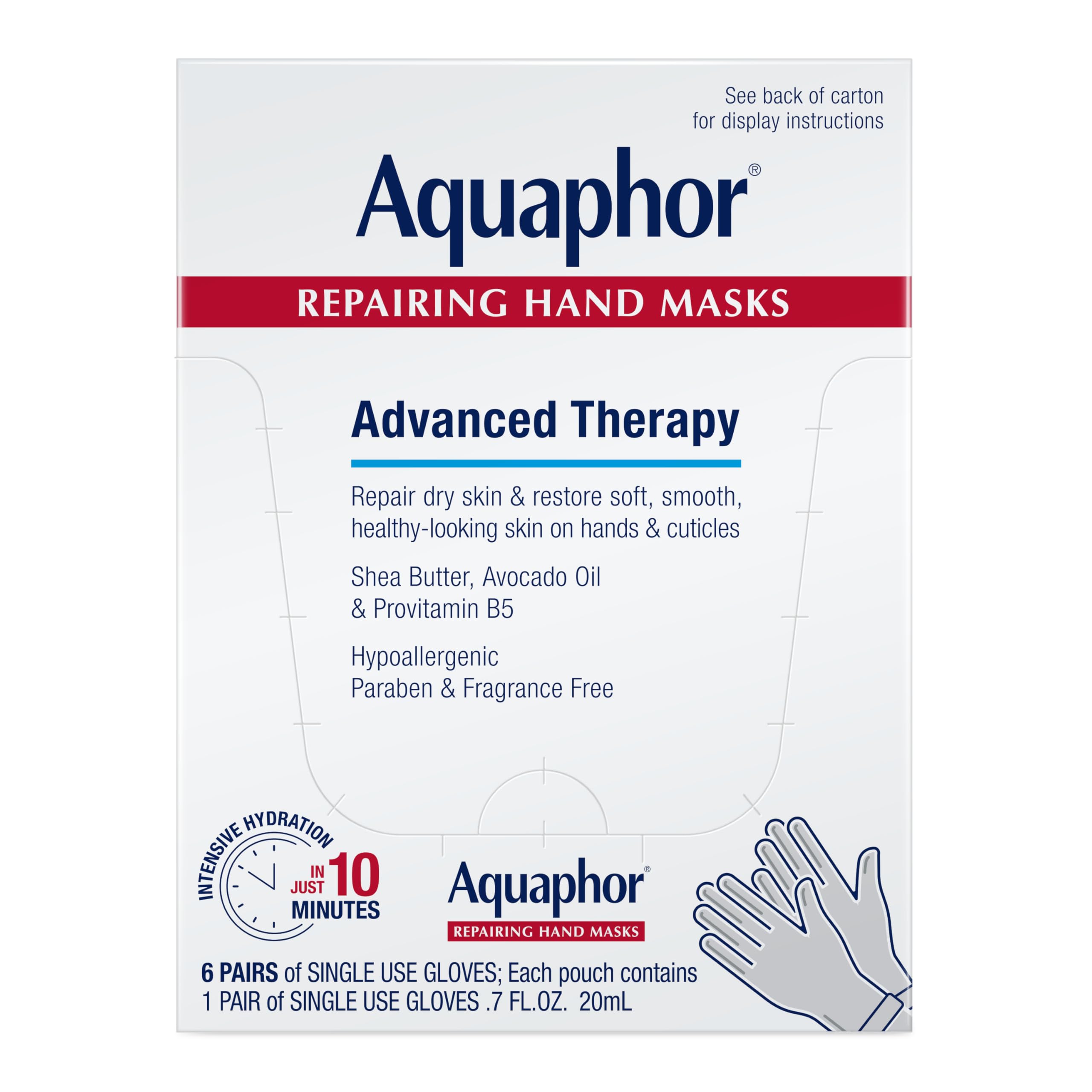 Aquaphor Repairing Hand Masks, Moisturizing Gloves for Dry Hands, Hand Moisturizer for Dry Skin with Avocado Oil and Shea Butter, Pack of 6
