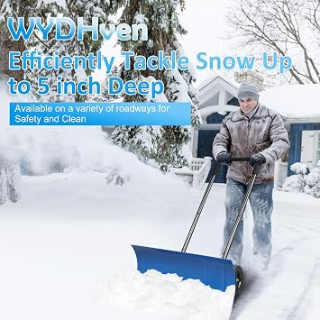Snow Shovel Pusher, 29.13-inch Metal Snow Pusher with Wheels for Driveway, Adjustable Angle and Height Snow Pusher Shovel for Sidewalks, or Parking Lots