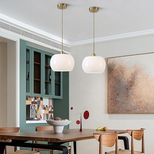 Miniatura 7 de BOKT Lámpara colgante de cúpula dorada de mediados de siglo, moderna lámpara colgante de globo blanco para isla de cocina, lámpara colgante de