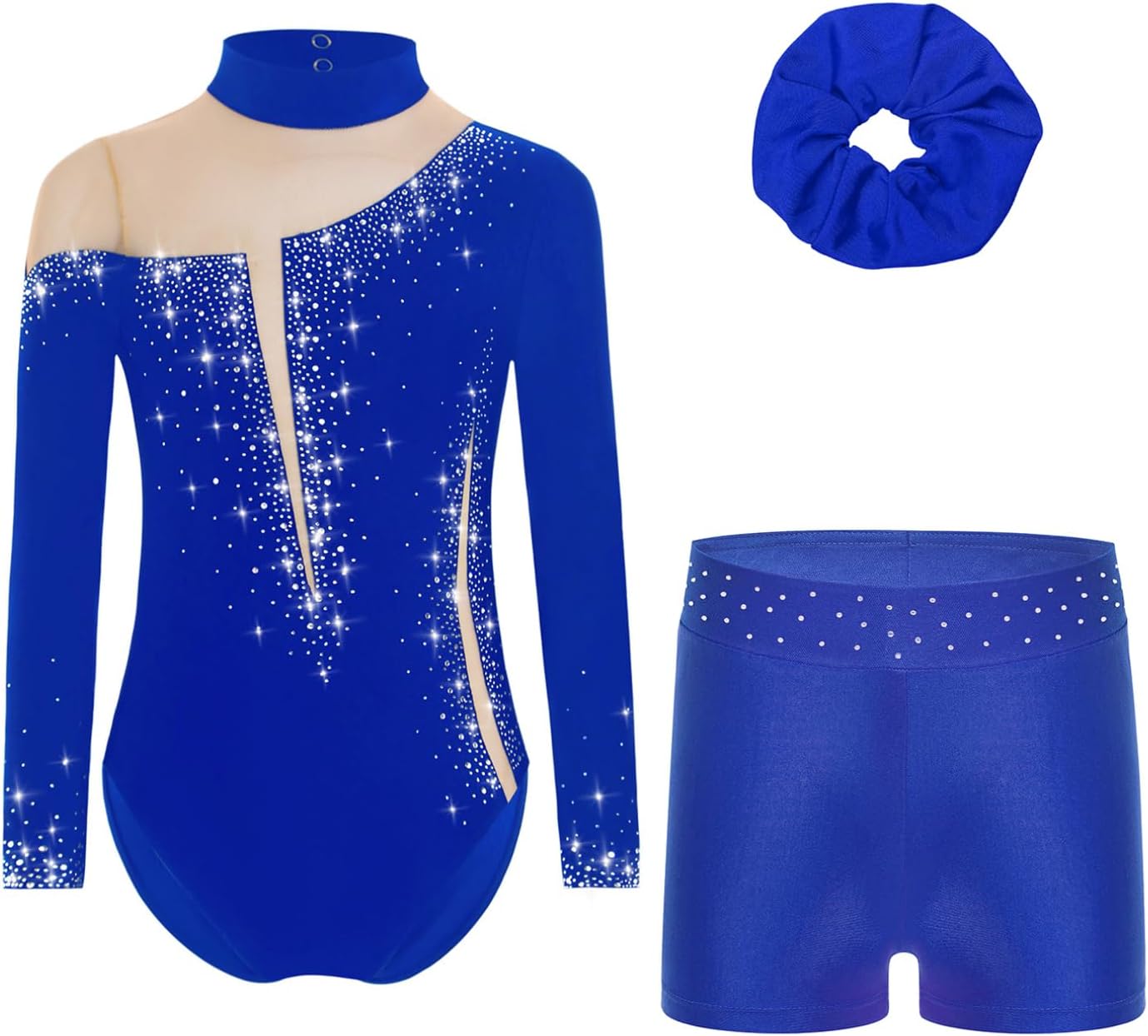 FEESHOW Kids Girls 3-piece Figure Ice Skating Outfits Long Sleeve Mock Neck Gymnastics Leotard with Shorts and Scrunchie