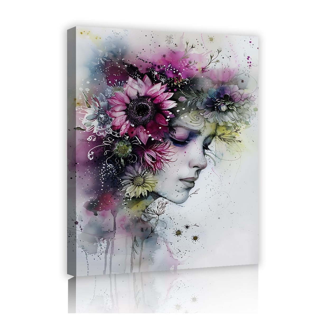 Chica vintage con flores impresión sobre lienzo para pared 87x118cm