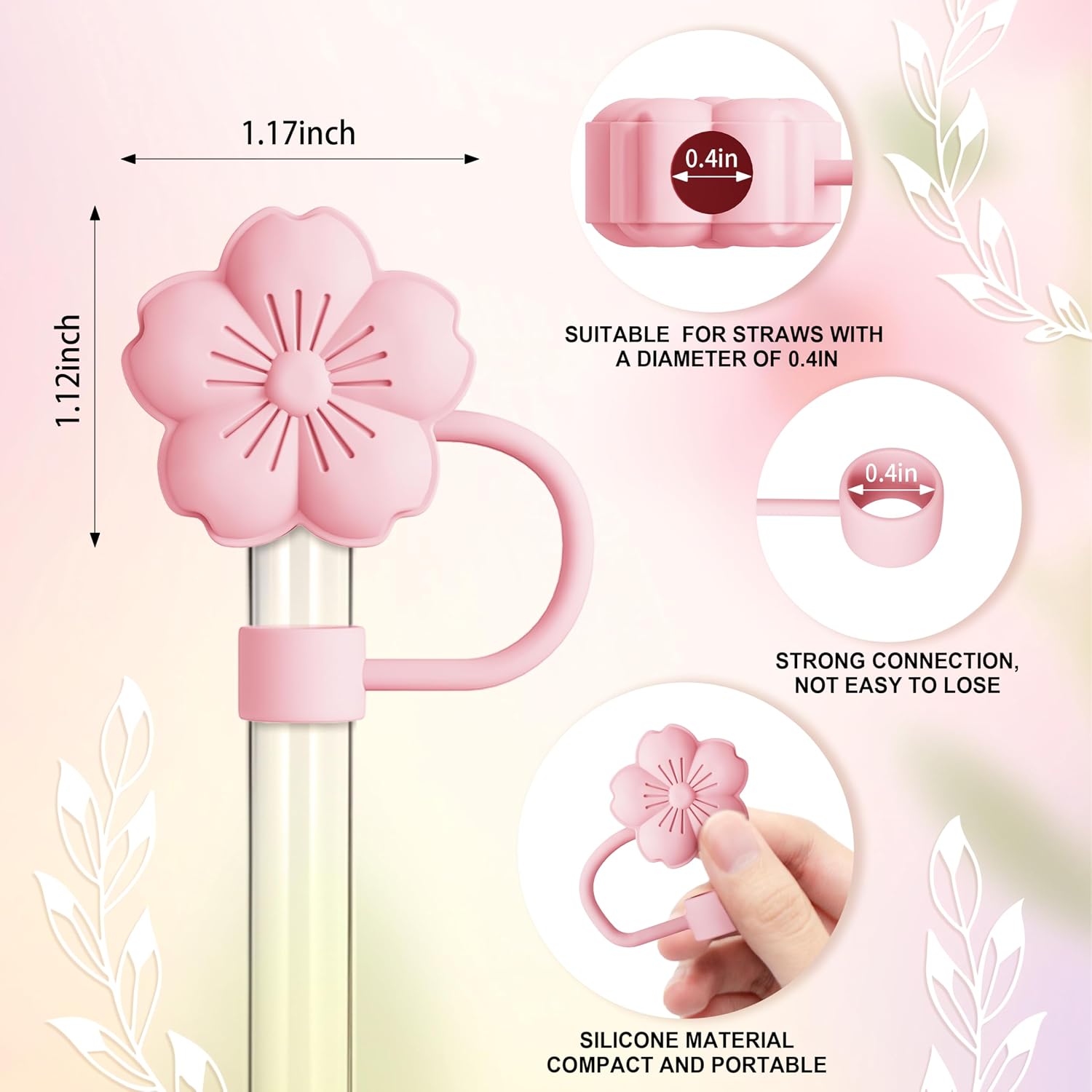 6 Pcs Set Compatible with Stanley Cup Accessories, 4 Pink Flower Straw Toppers Compatible with Stanley Straw Cover 9-10 mm, 2 Cute Flower Charms for Tumbler with Handle image 2