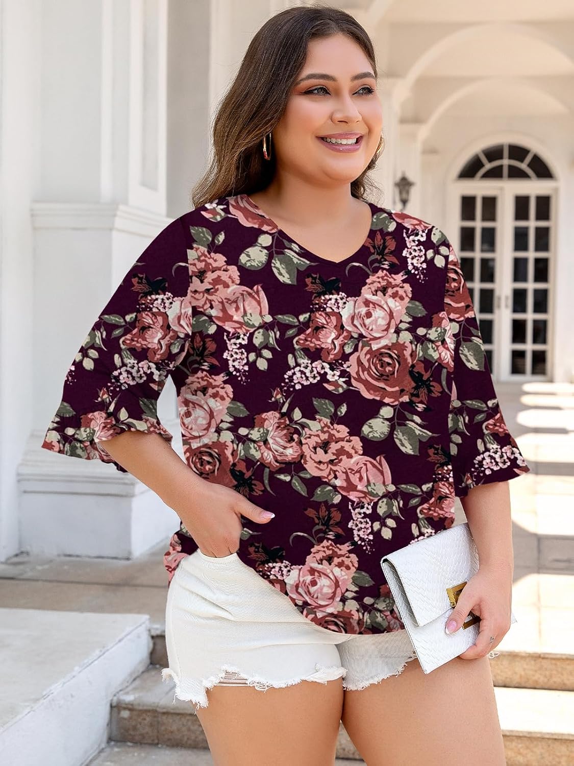 Chulianyouhuo Womens Plus Size Tops 3/4 Sleeve Casual Shirts V Neck Ruffle Loose Fit Tunic Blouse XL-5X - Image 3