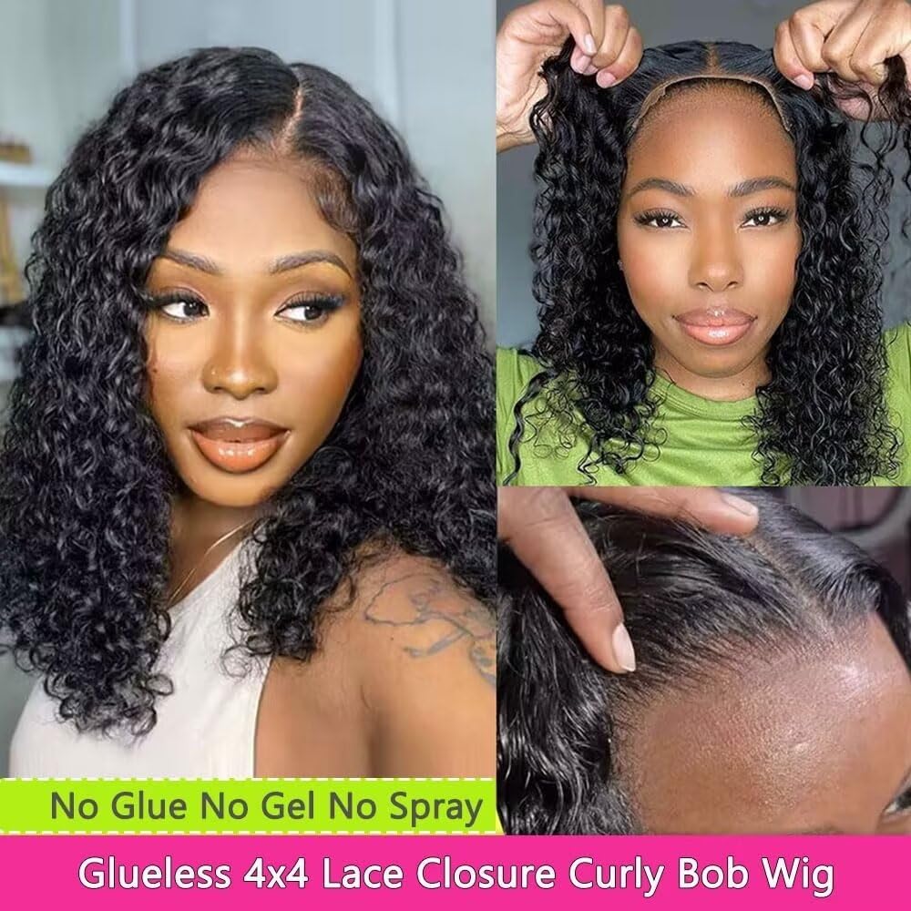 Bob Wig Human Hair Wear and Go Glueless Wigs 4x4 HD Lace Front Wigs Pre Plucked Pre Cut 180% Density Brazilian Virgin Curly Human Hair Wigs For Women 14 Inch Wear and Go Glueless Wig - Image 2