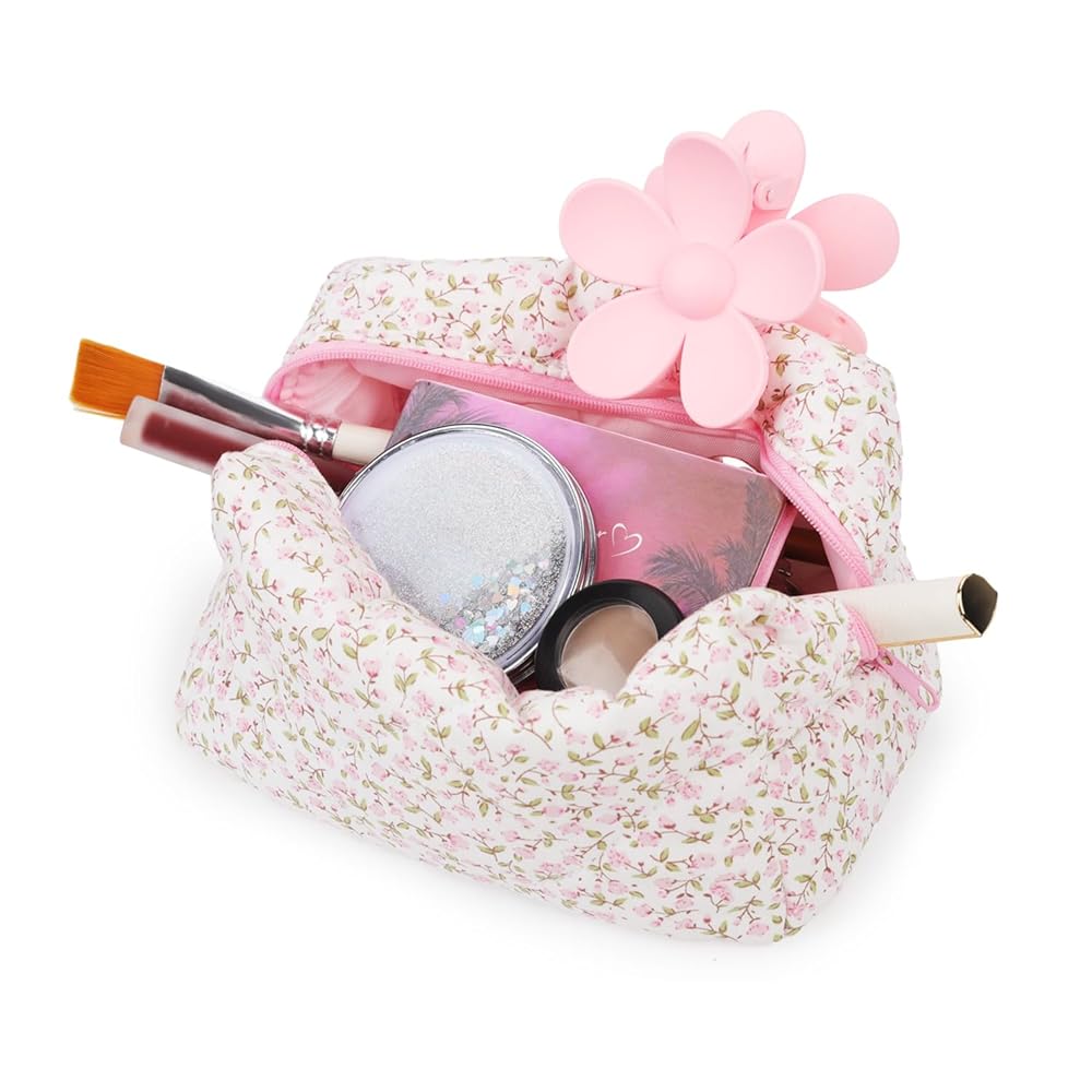 ◎COSYOI◎ FLOWER PADDED BAG ( CREAM ) Torebka kosmetyczka Różowe kwiatuszki - Bath & Body Works