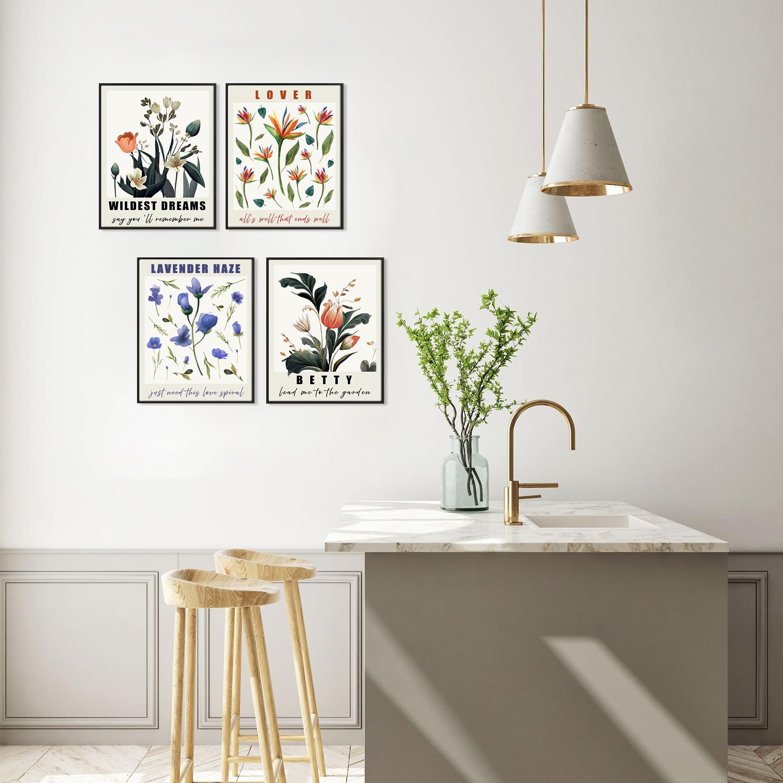 VGICH Stampa artistica da parete con cornice, splendido set di poster floreali per la decorazione della stanza, decorazione estetica da parete, pop country, cantante folk, musica mezzanotte, stampa