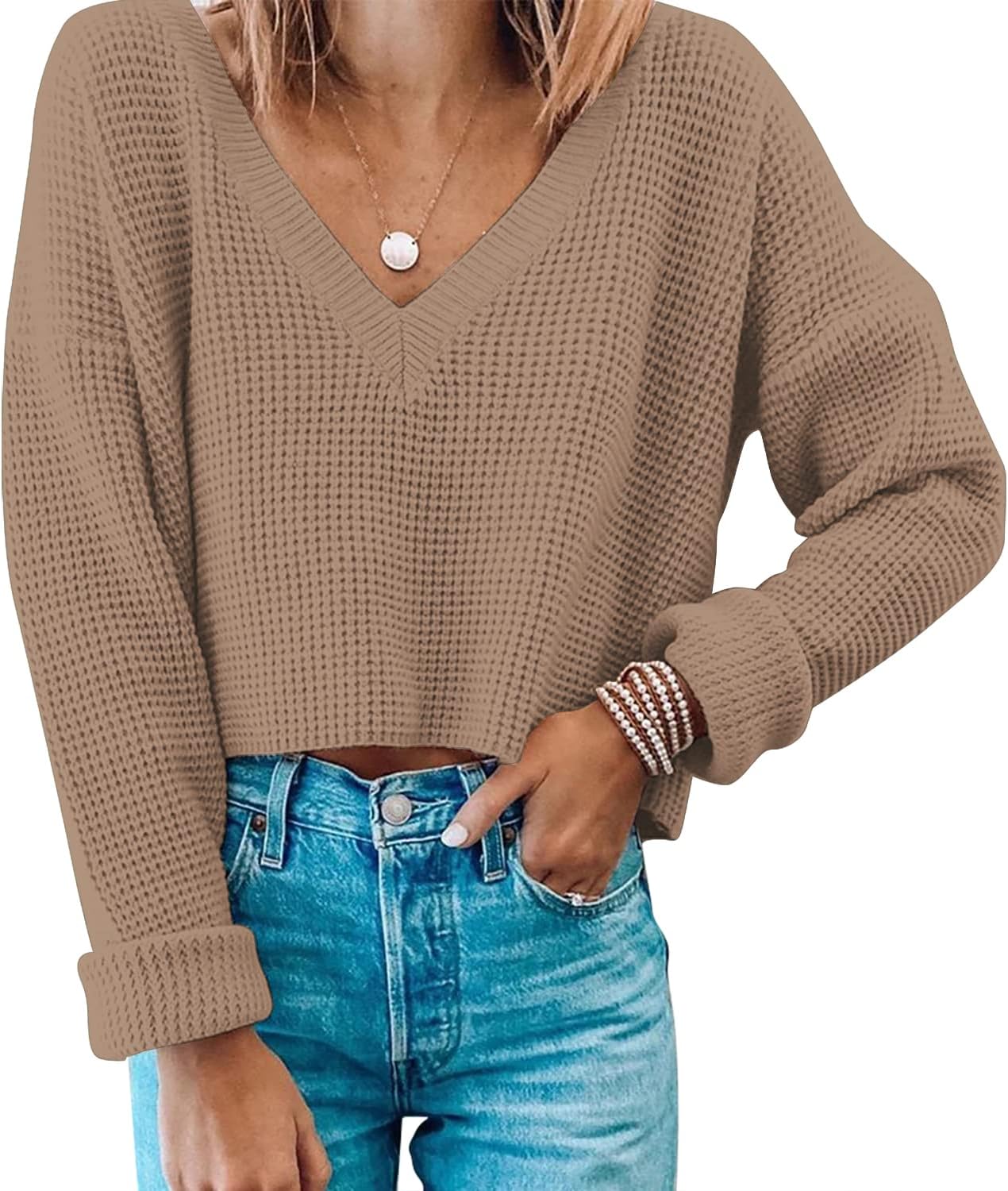 Jumppmile Womens V Neck Waffle Knit Cropped Top Long Sleeve Pullover Crop Sweater