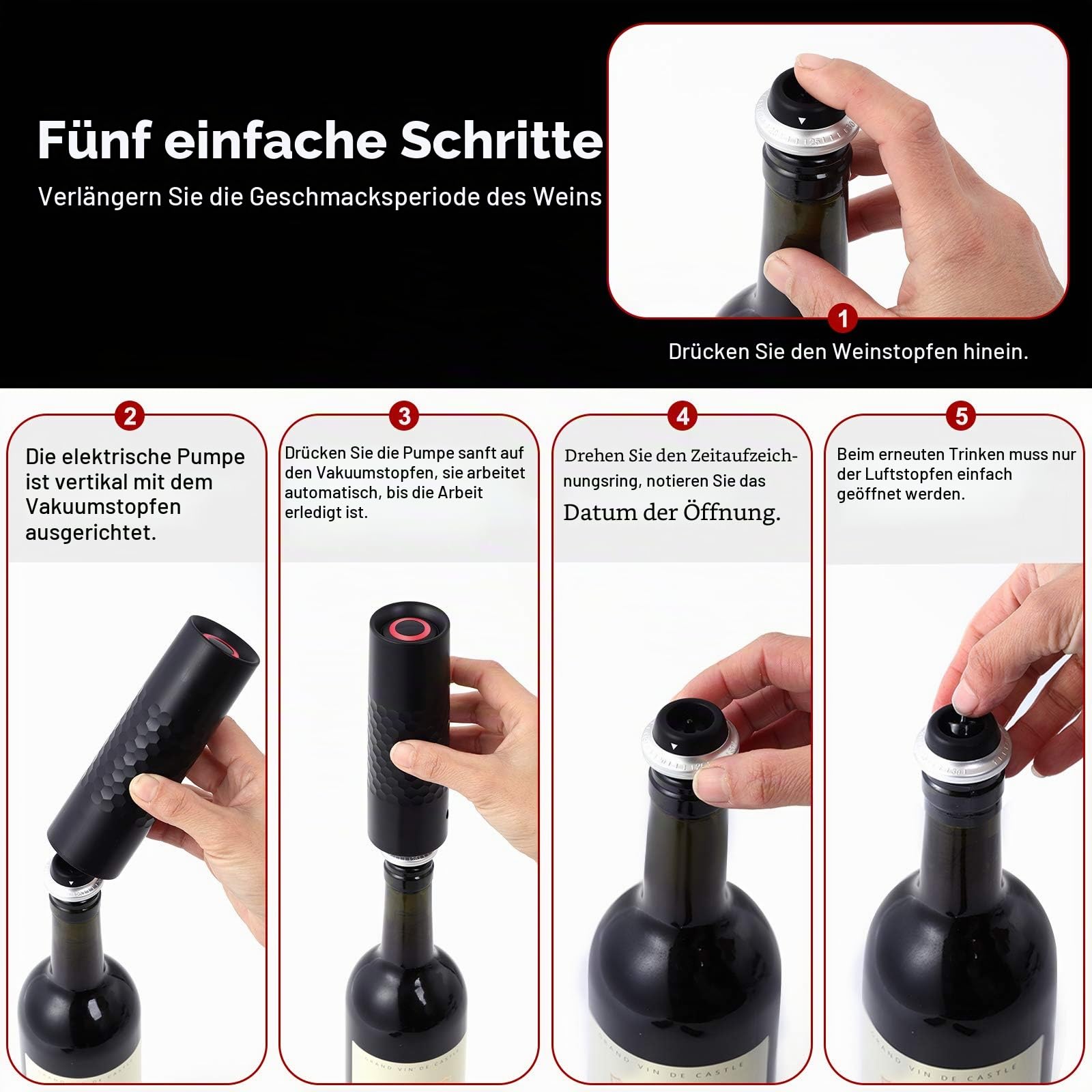 Automatisches Weinpumpe-Set mit Elektrischer Weinpumpe, 4 Vakuum-Weinverschlüssen und 1 Ladekabel Typ C