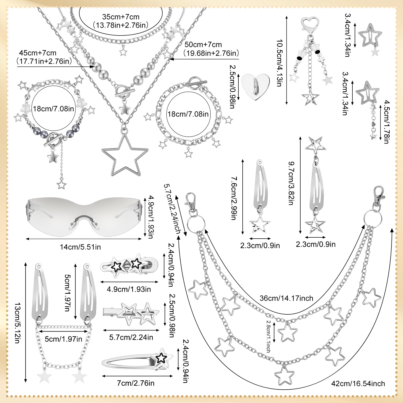 Y2k Accessories Set Included Star Y2k Silver Necklace Grunge Layered Necklace Y2K Sunglasses Star Hair Clip Y2k Silver Hair Clips Keychain Hip Hop Pants Chain Vintage Jewelry Set for Women