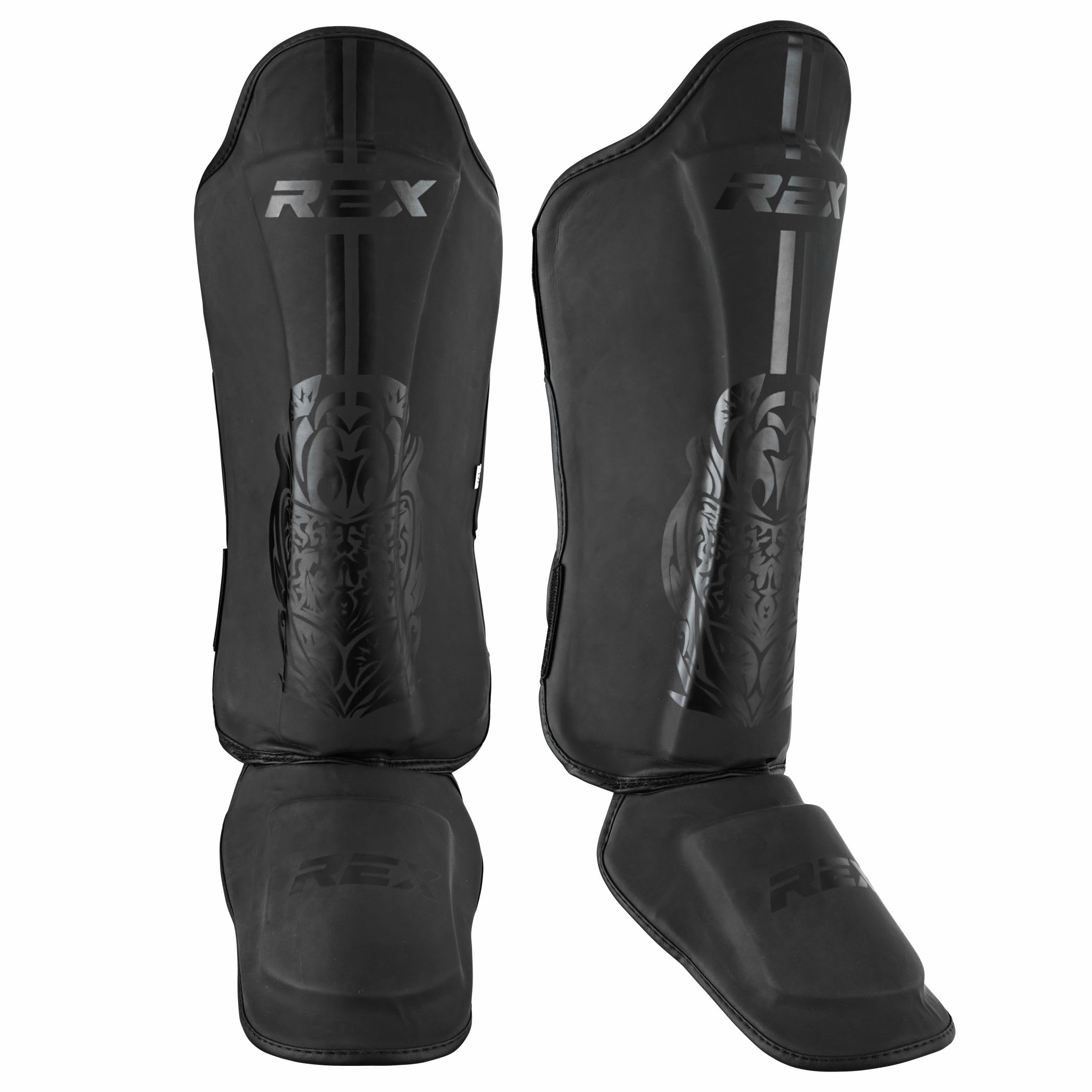 Rex Sports Endurance Shin Guard Instep for Kickboxing, MMA fighting pads, kickboxing shinpads, Muay Thai Leg pads, Rexene Leather Boxing protection for legs (FULL BLACK, XL)