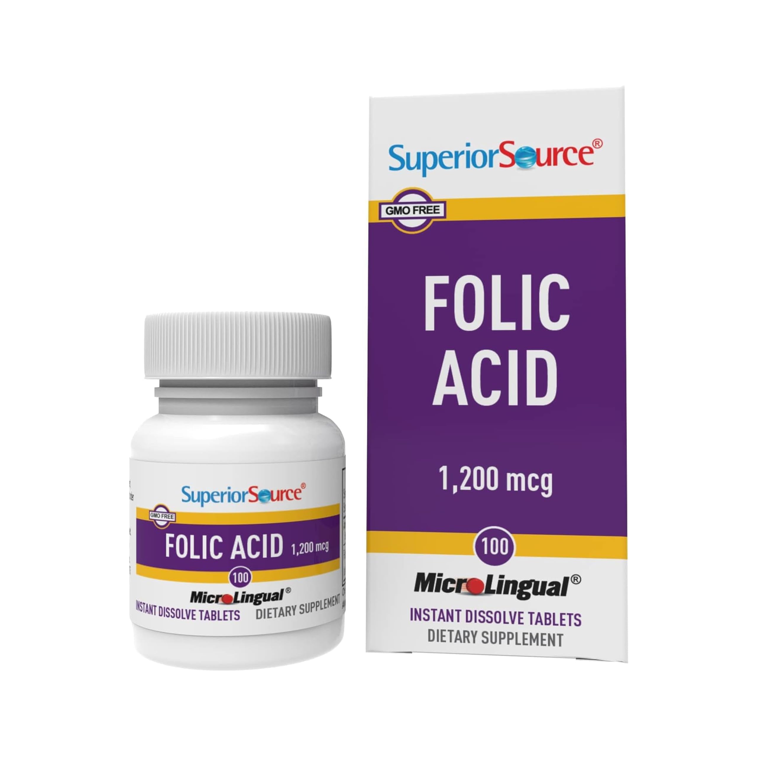 Superior Source Folic Acid 1200 mcg - Supports Heart, Immune & Nervous System - 100 Sublingual Tablets