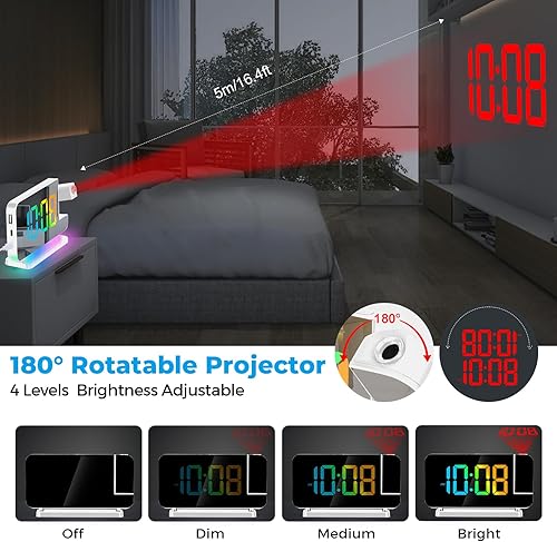 Miniatura 3 de Reloj de proyección, reloj despertador digital con espejo LED de 7.4 pulgadas, con luz nocturna RGB, proyector giratorio de 180, puerto de cargador