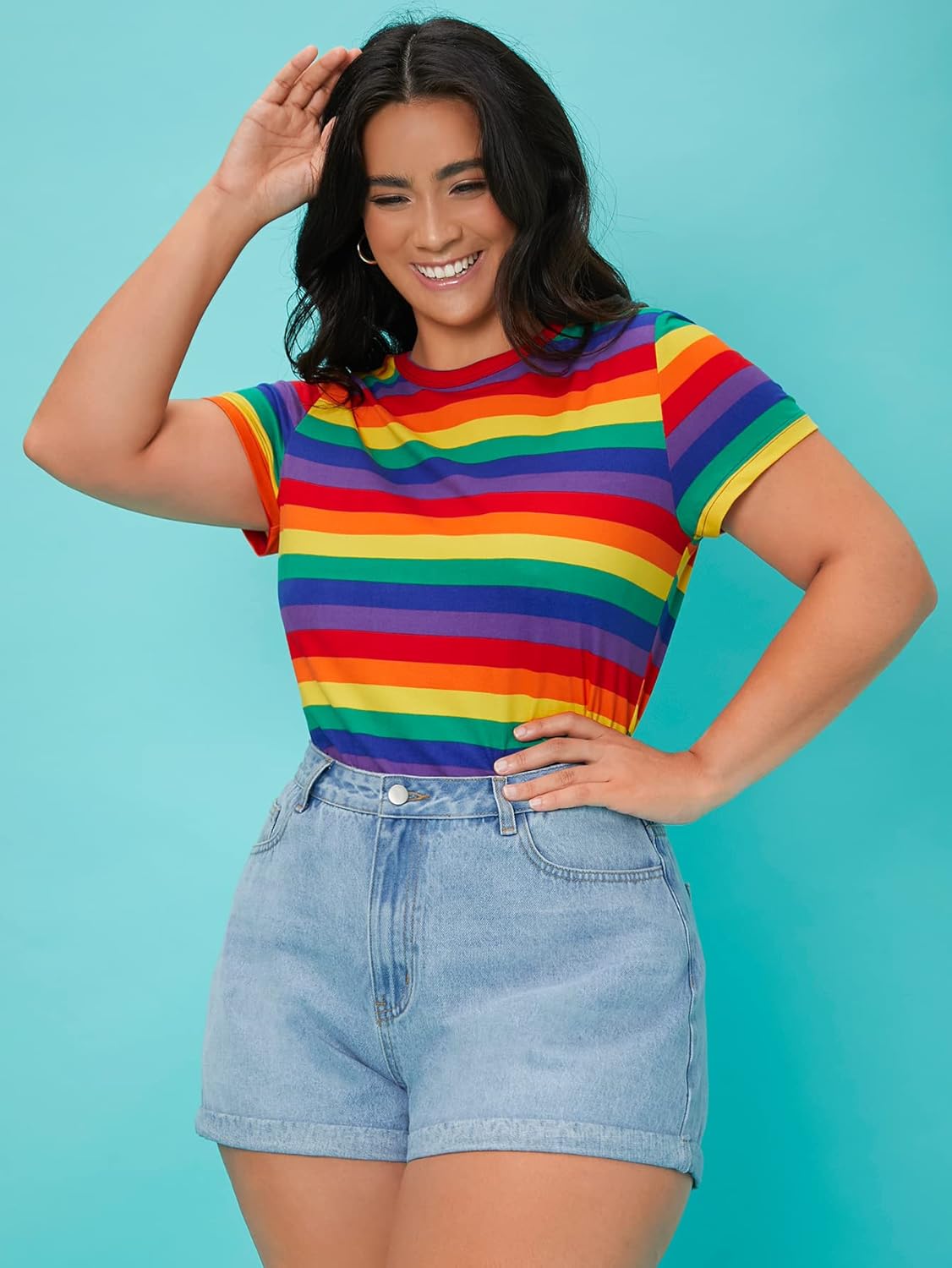 Floerns Women's Plus Size Striped Print Short Sleeve Round Neck Tee Shirt - Image 4