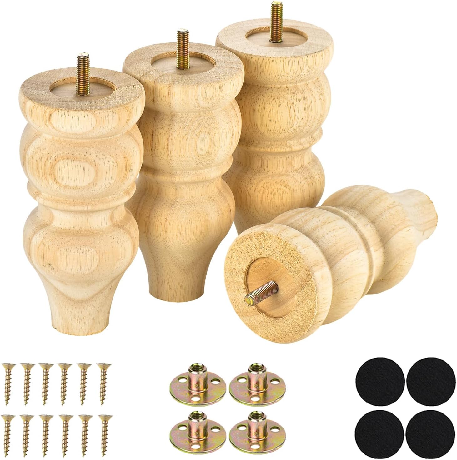 6 Inch Sofa Legs Replacement Set of 4, Unfinished Wood Bun Feet for Furniture, Suitable for Couch/Ottoman/Chair