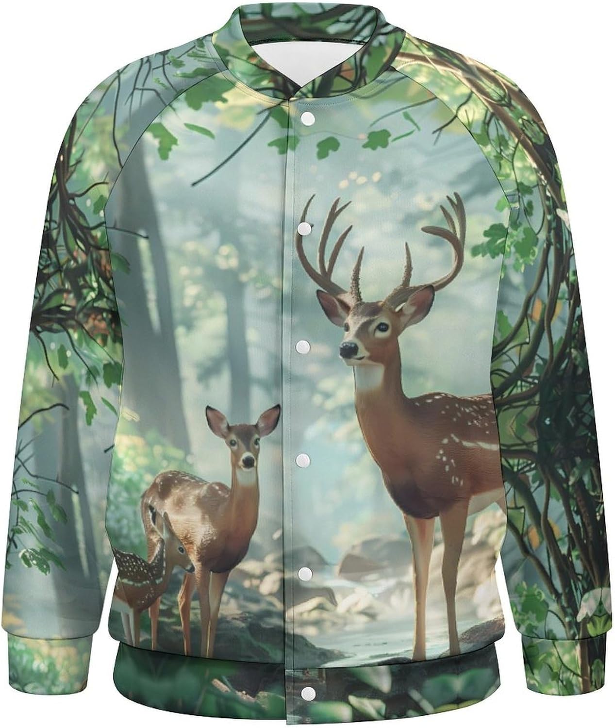 Woodlands Deer Novelty Men's Baseball Jackets Causal Sweatshirt Button Top Long Sleeve Coat