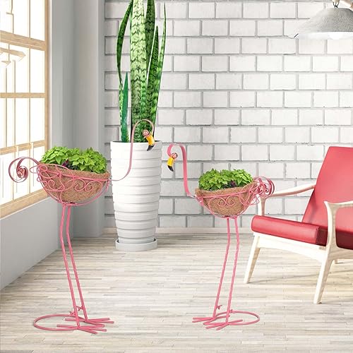 Miniatura 3 de Juego de 2 maceteros de flamenco de metal rosa con cesta para decoración de jardín interior, exterior y patio