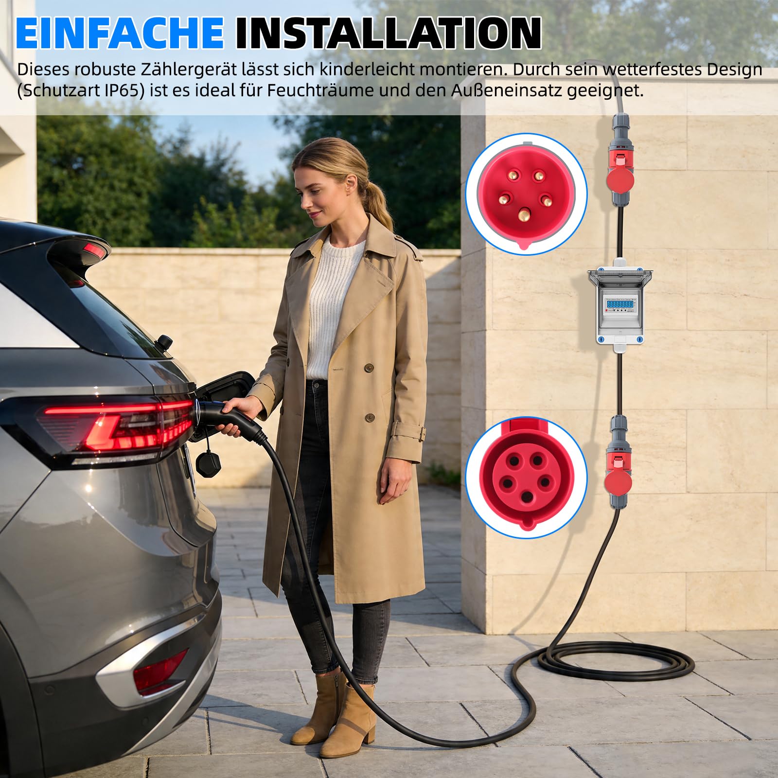 3 Phasen Mobiler Stromzähler mit LED und Rückstellfunktion,32A 400V | CEE Stecker und Kupplung,MID-Kalibrierungstechnologie,sechsstellige Werte an,5-polig,Schutzart IP68,1M+1M Kabels,für Camping