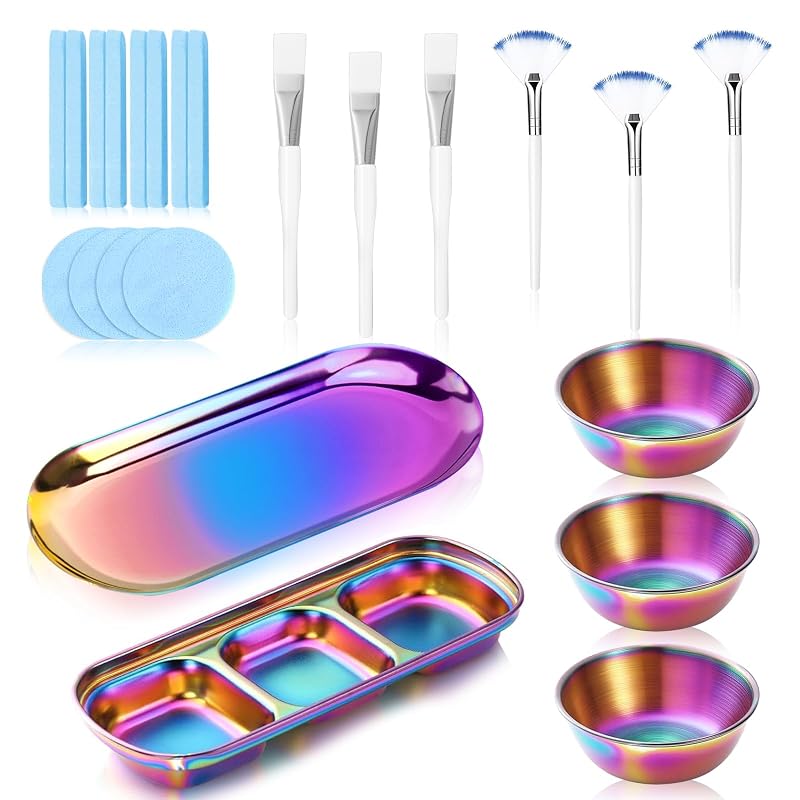 Kit de cuidados faciais DLUGOPIS com 3 tigelas de aço inoxidável, 3 pincéis leque, 3 pincéis planos, bandeja e 12 esponjas comprimidas